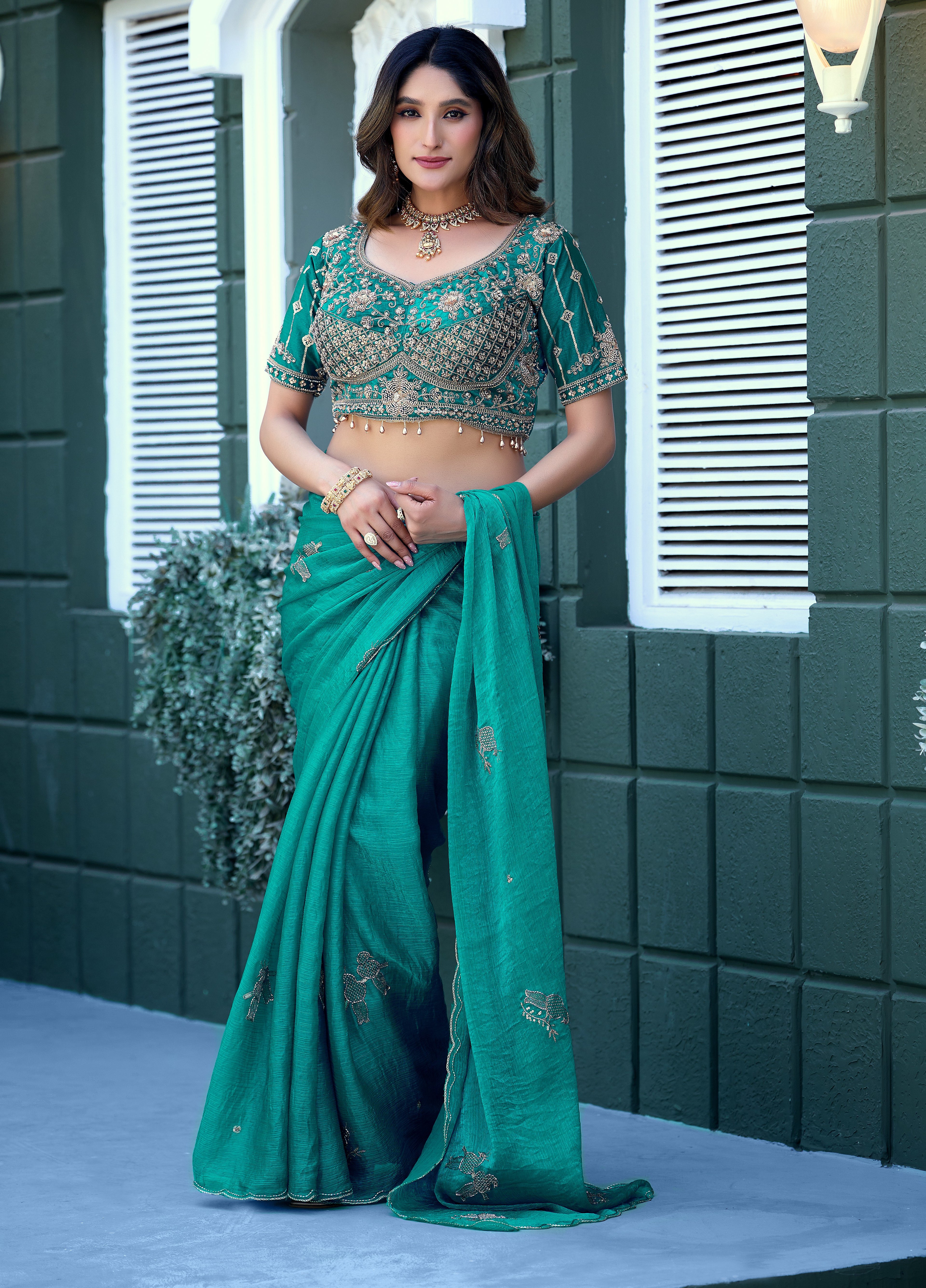 GULABO Viscose Rayon Embroidered Blouse - Rama