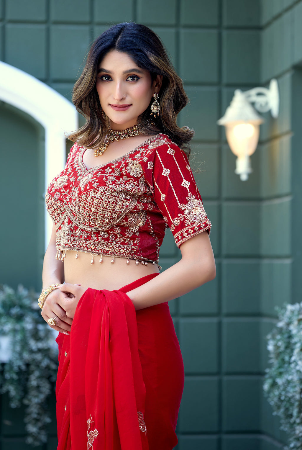 GULABO Viscose Rayon Embroidered Blouse - Red