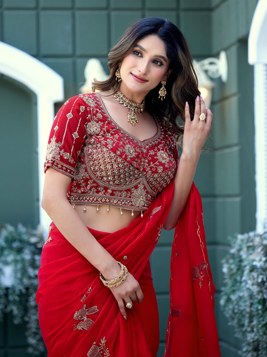 GULABO Viscose Rayon Embroidered Blouse - Red