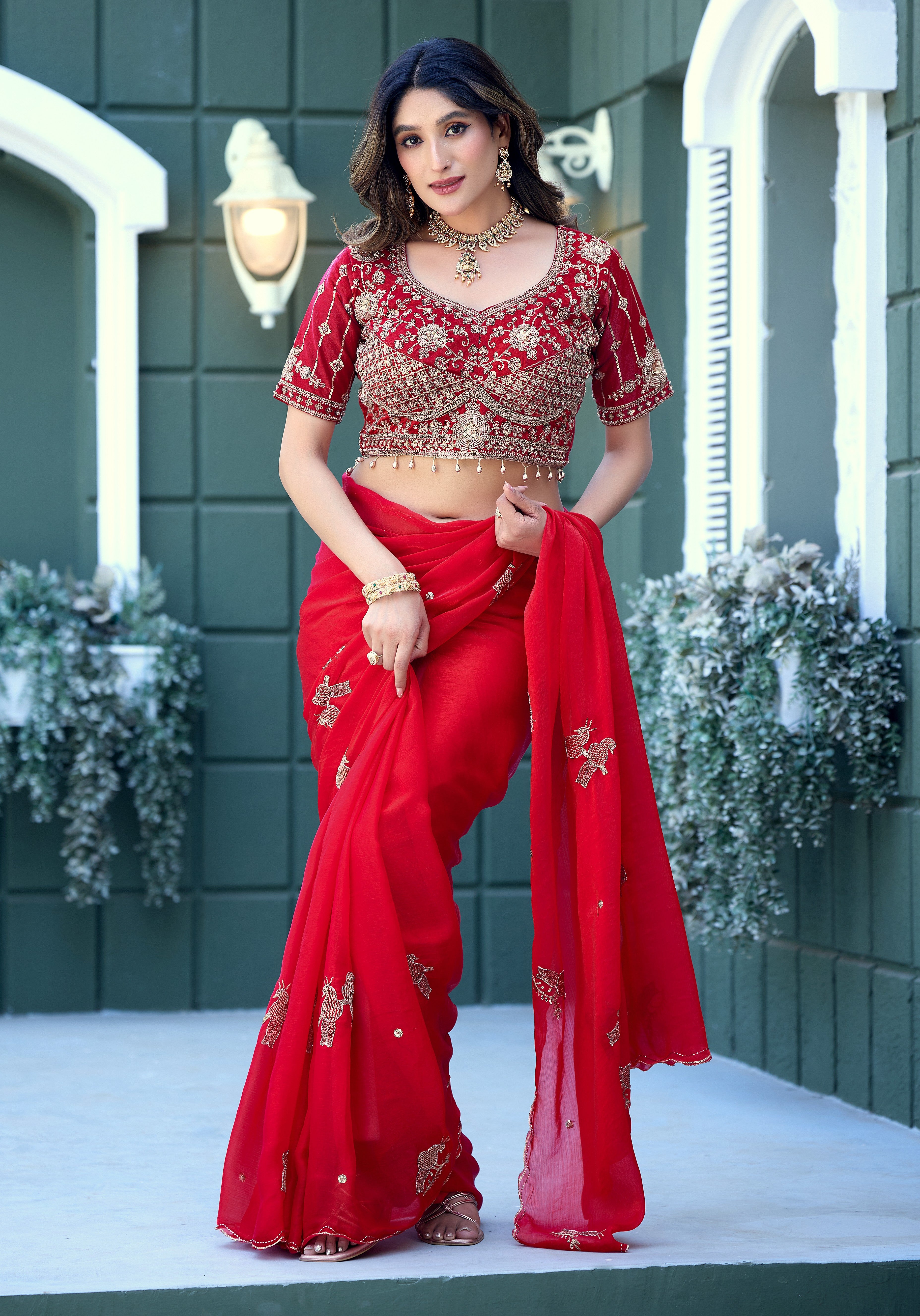GULABO Viscose Rayon Embroidered Blouse - Red