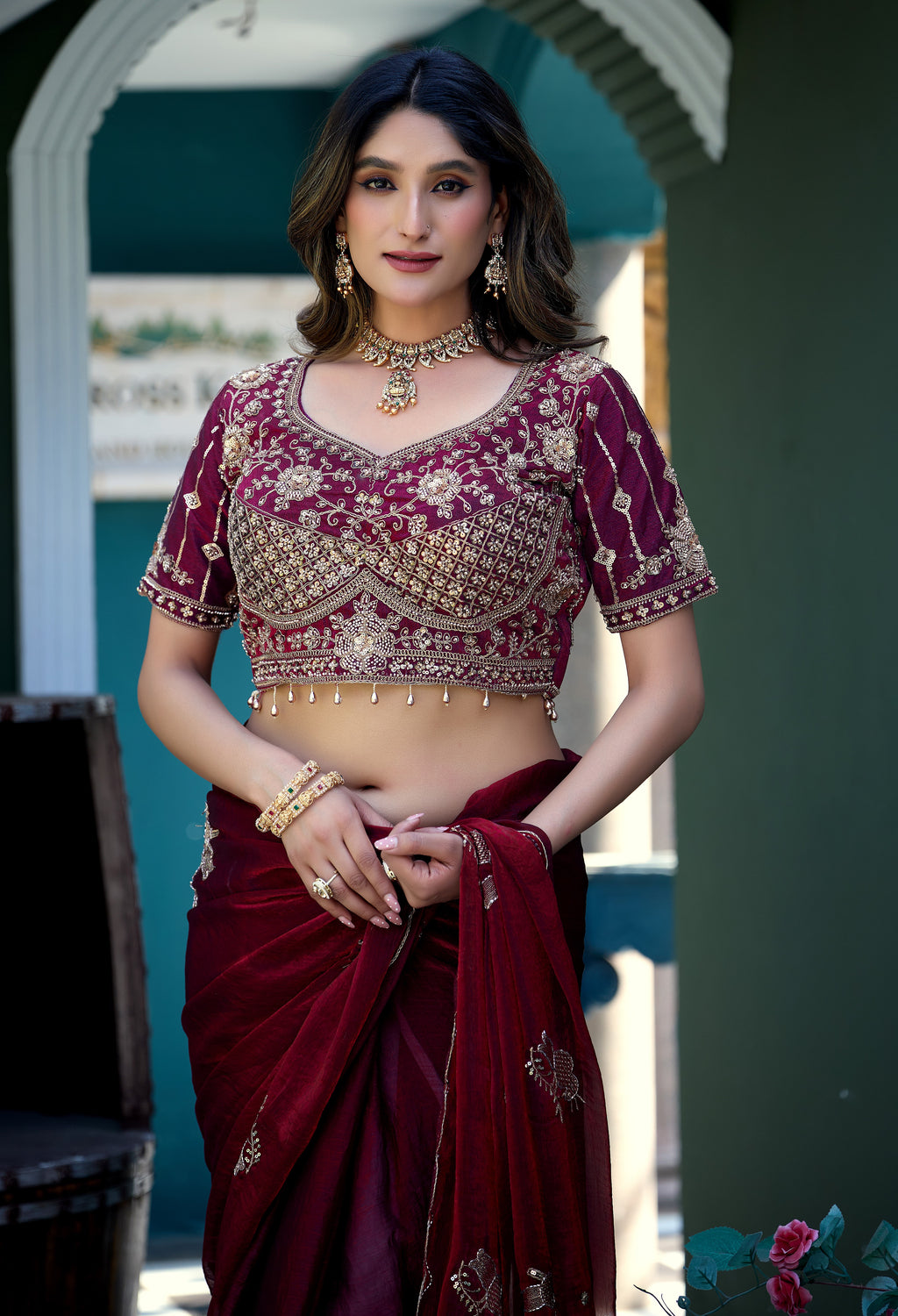 GULABO Viscose Rayon Embroidered Blouse - Wine