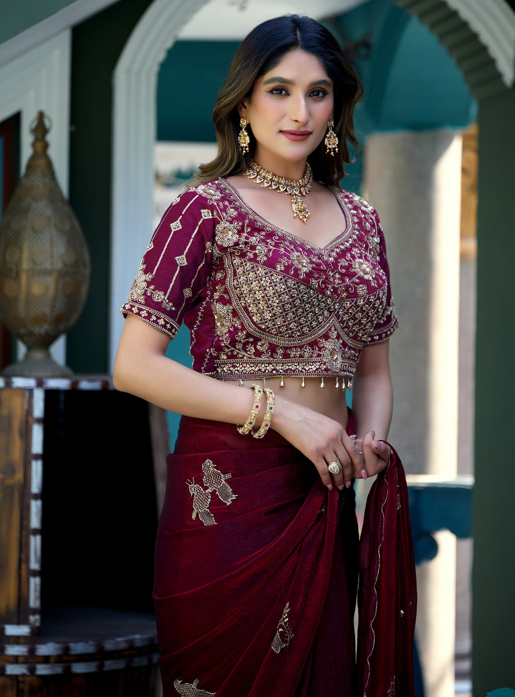 GULABO Viscose Rayon Embroidered Blouse - Wine