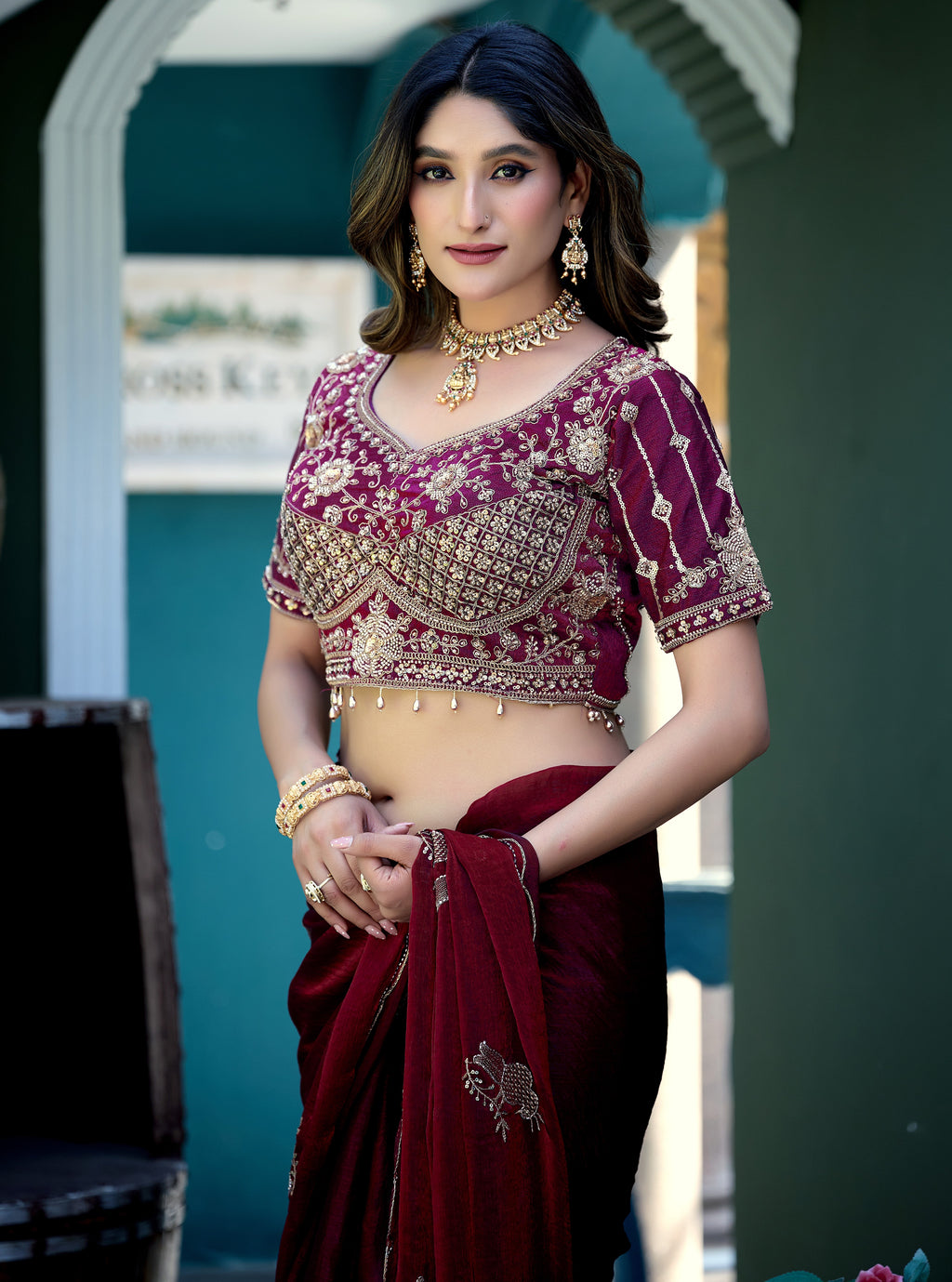 GULABO Viscose Rayon Embroidered Blouse - Wine