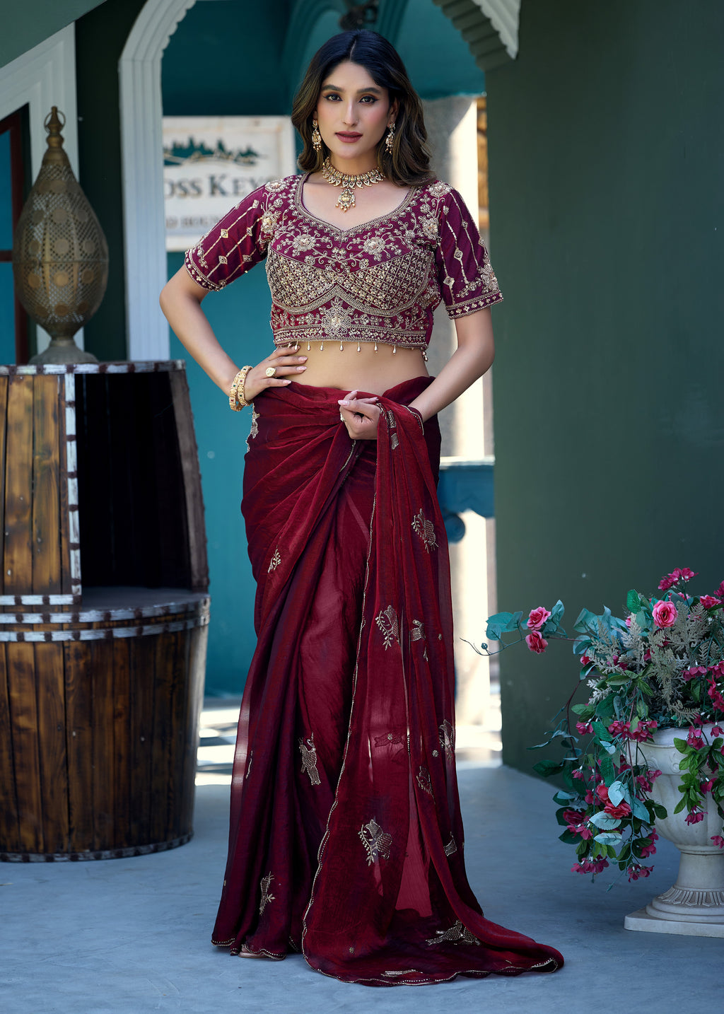GULABO Viscose Rayon Embroidered Blouse - Wine