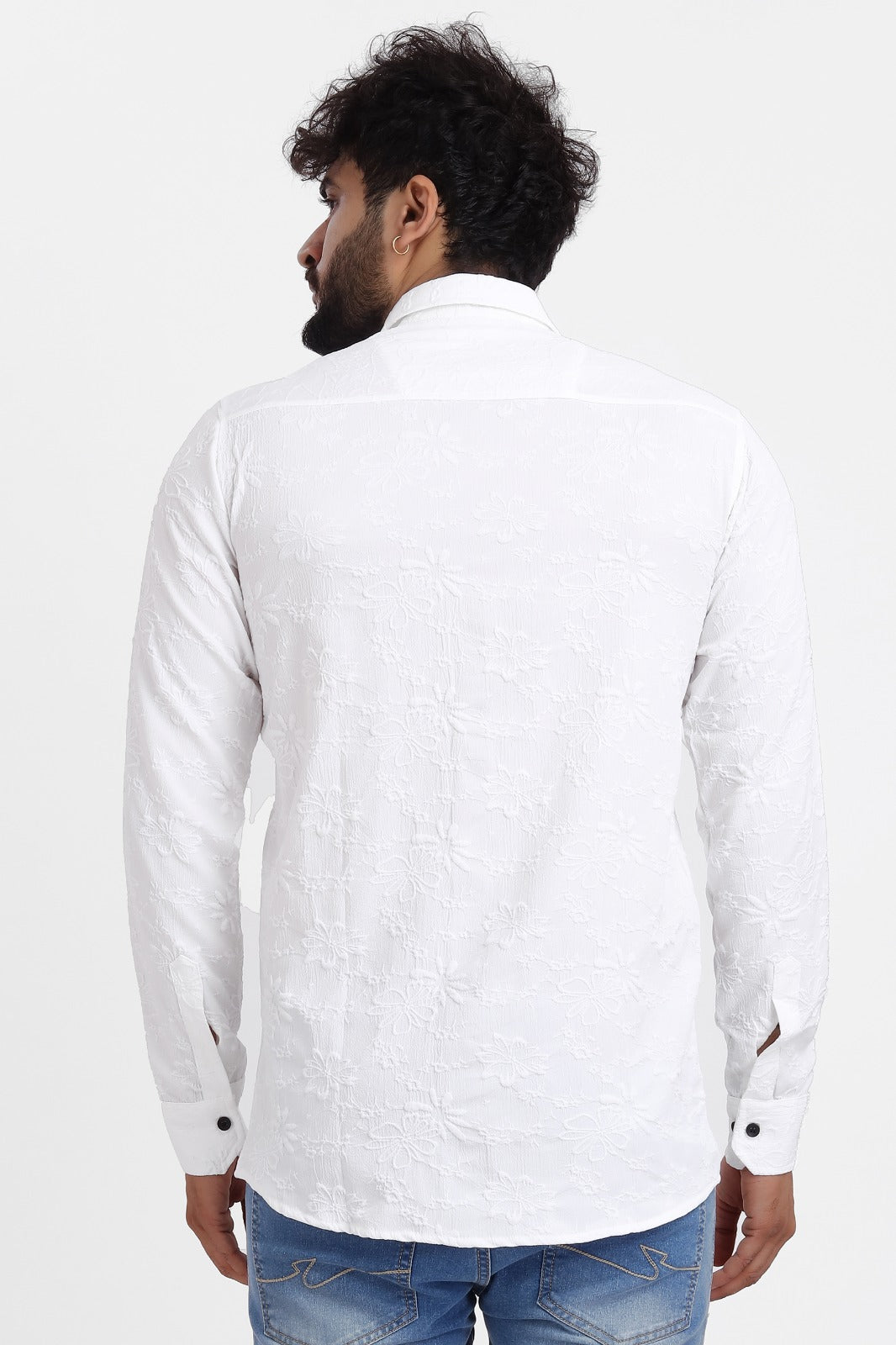 Flowly Jacquard White Shirt for Men | Modern Smart-Casual Button-Down Stretch Lycra Top