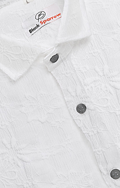 Flowly Jacquard White Shirt for Men | Modern Smart-Casual Button-Down Stretch Lycra Top