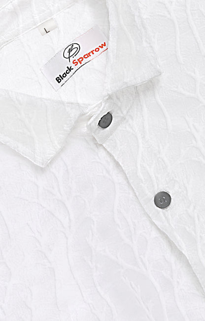 Limb Jacquard White Shirt for Men | Modern Smart-Casual Button-Down Stretch Lycra Top