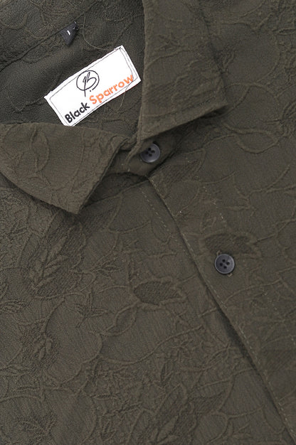 Abstract Jacquard D-Green Shirt for Men | Modern Smart-Casual Button-Down Stretch Lycra Top