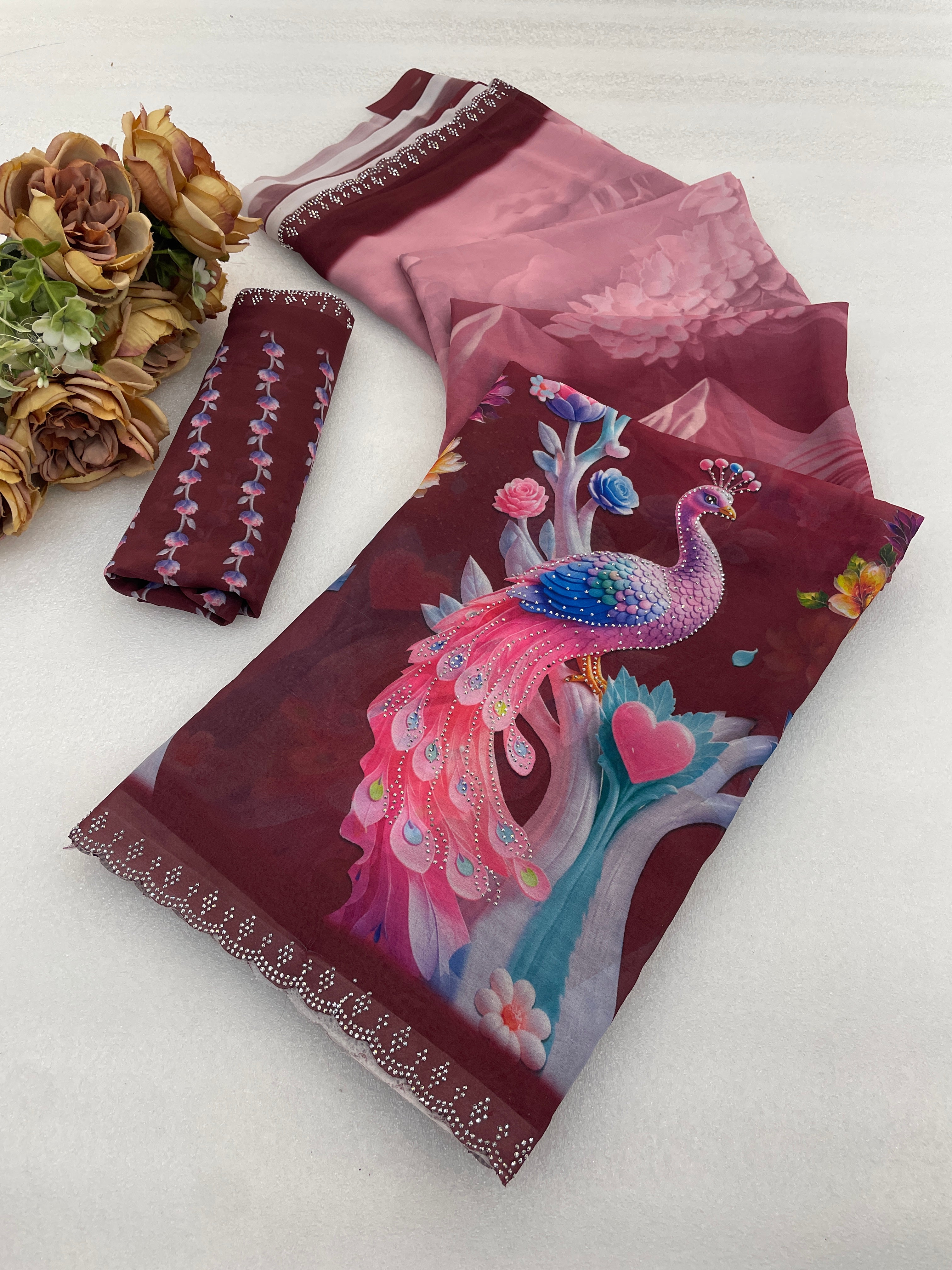 KHUSHI Georgette Digital Floral Printed Saree - Maroon