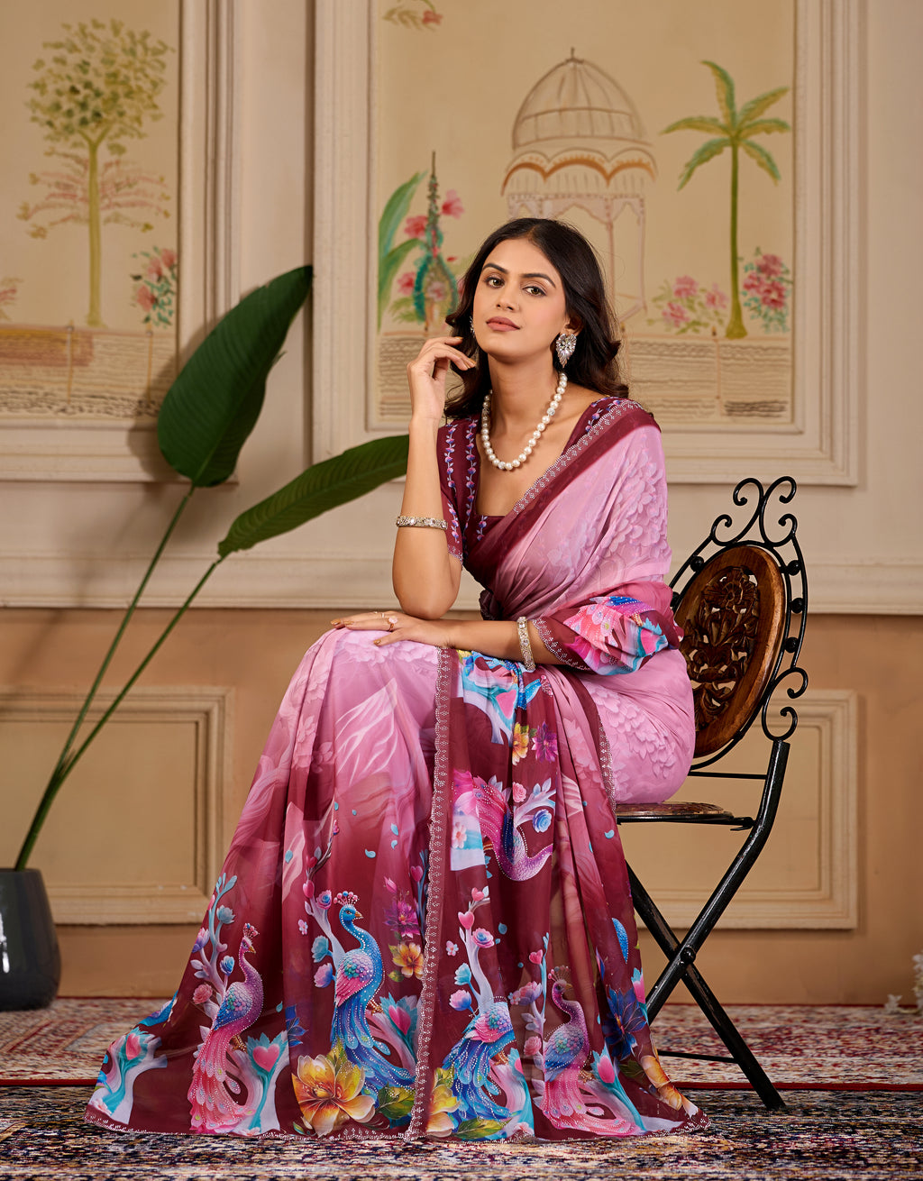 KHUSHI Georgette Digital Floral Printed Saree - Maroon