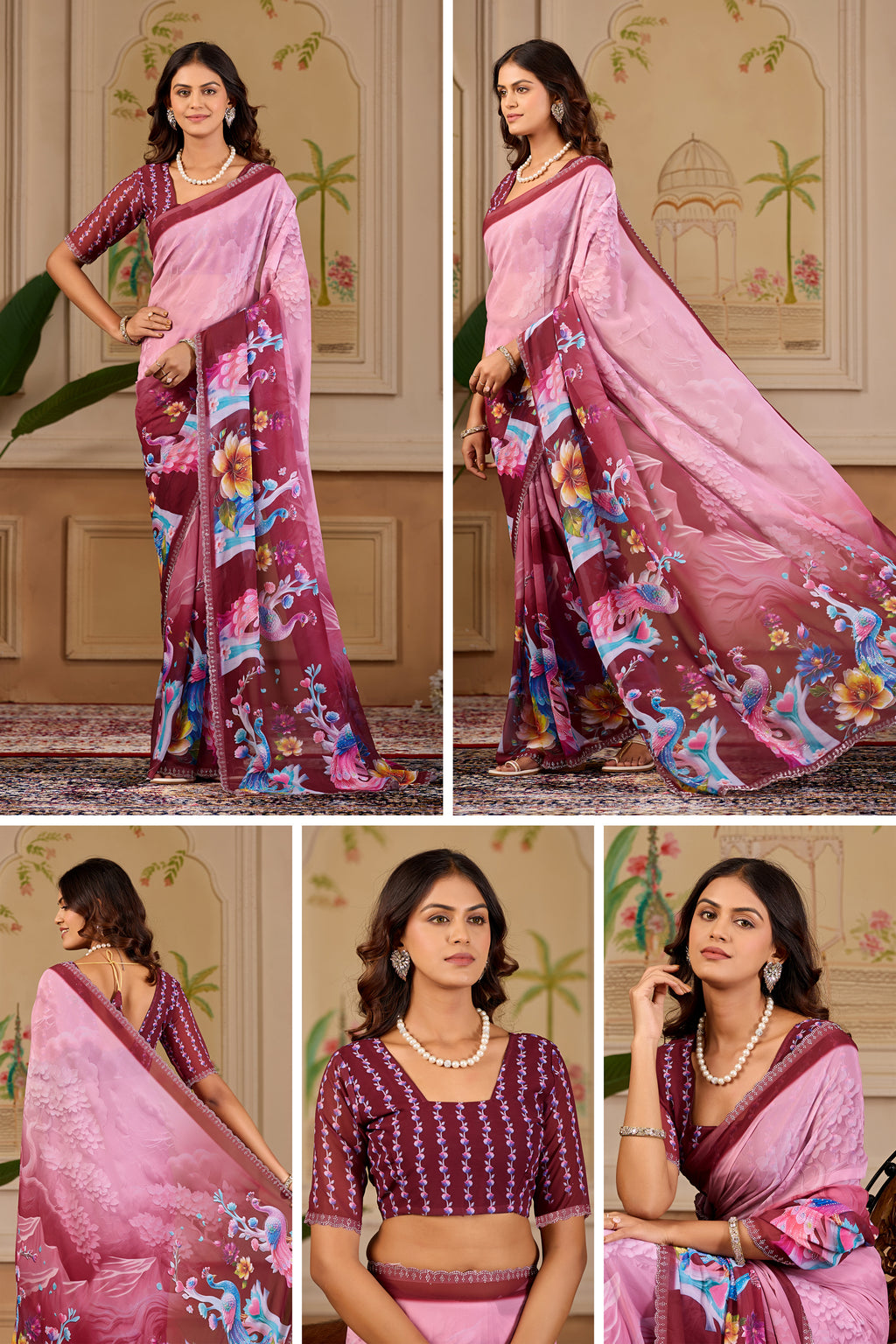 KHUSHI Georgette Digital Floral Printed Saree - Maroon
