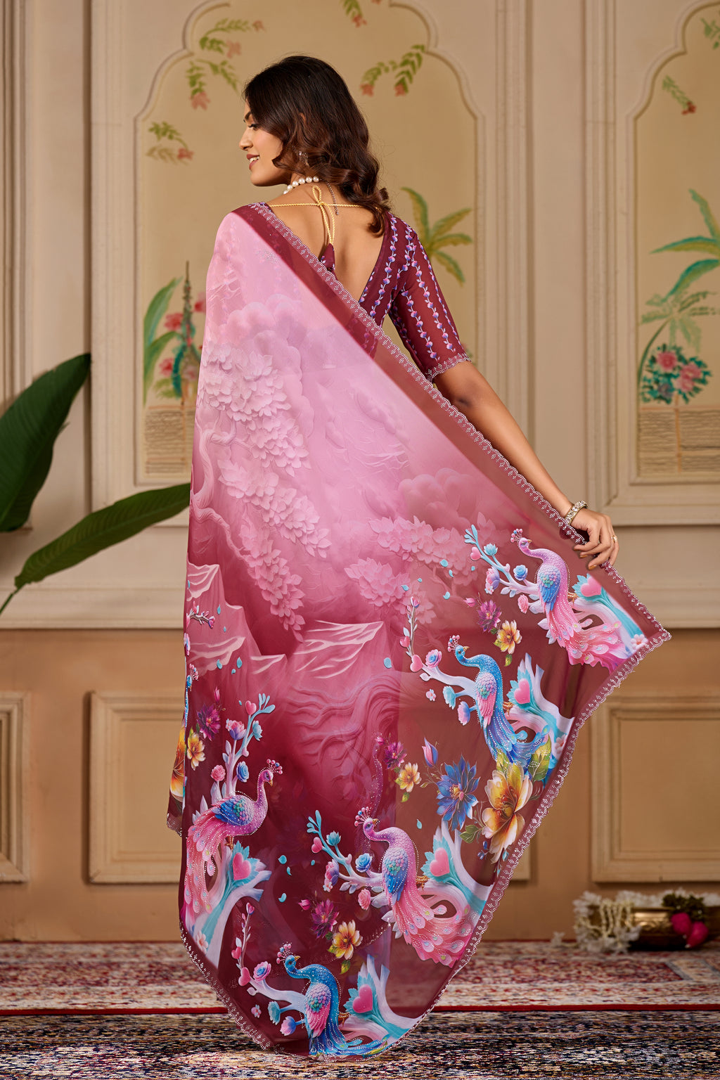 KHUSHI Georgette Digital Floral Printed Saree - Maroon