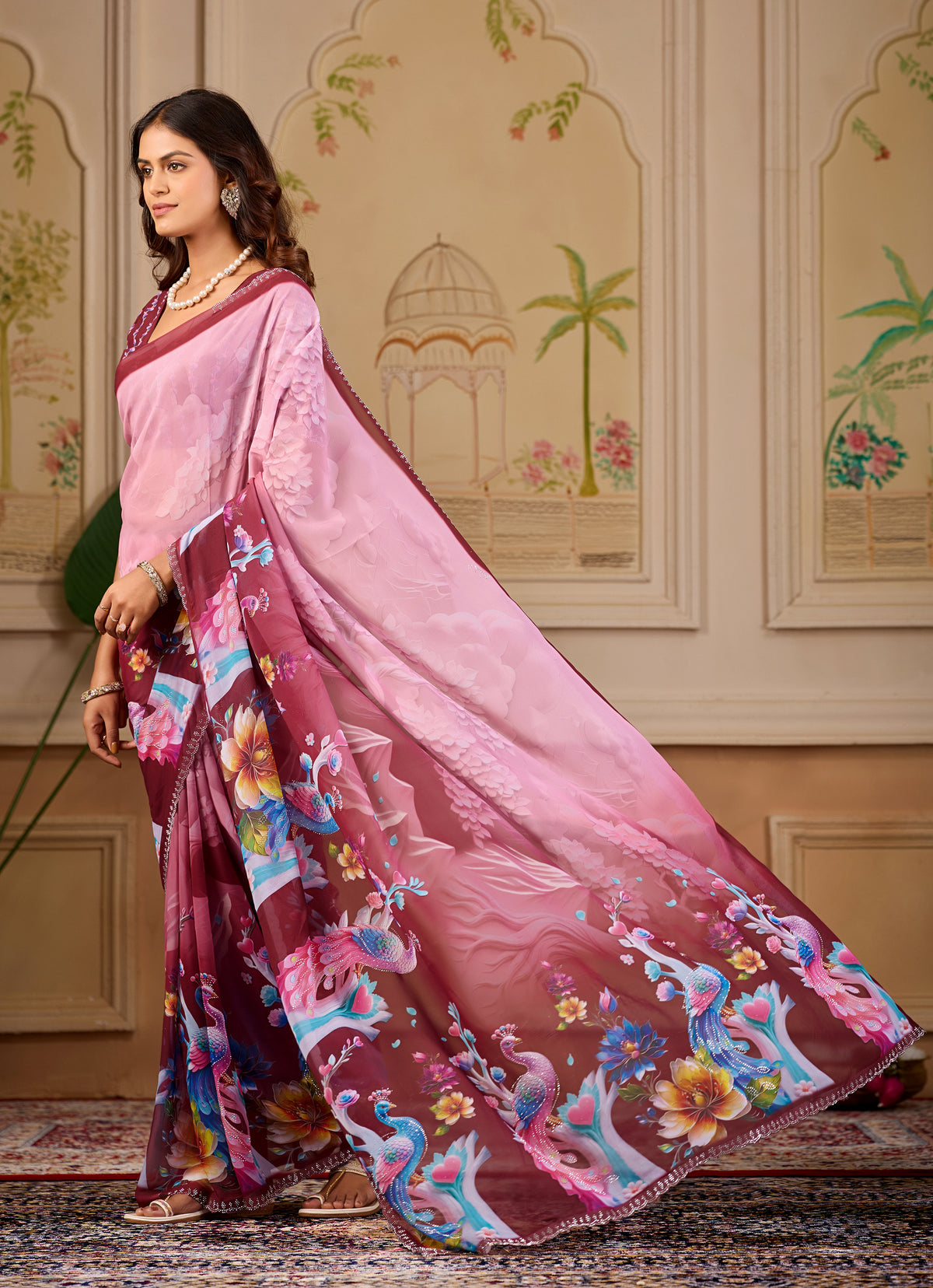KHUSHI Georgette Digital Floral Printed Saree - Maroon