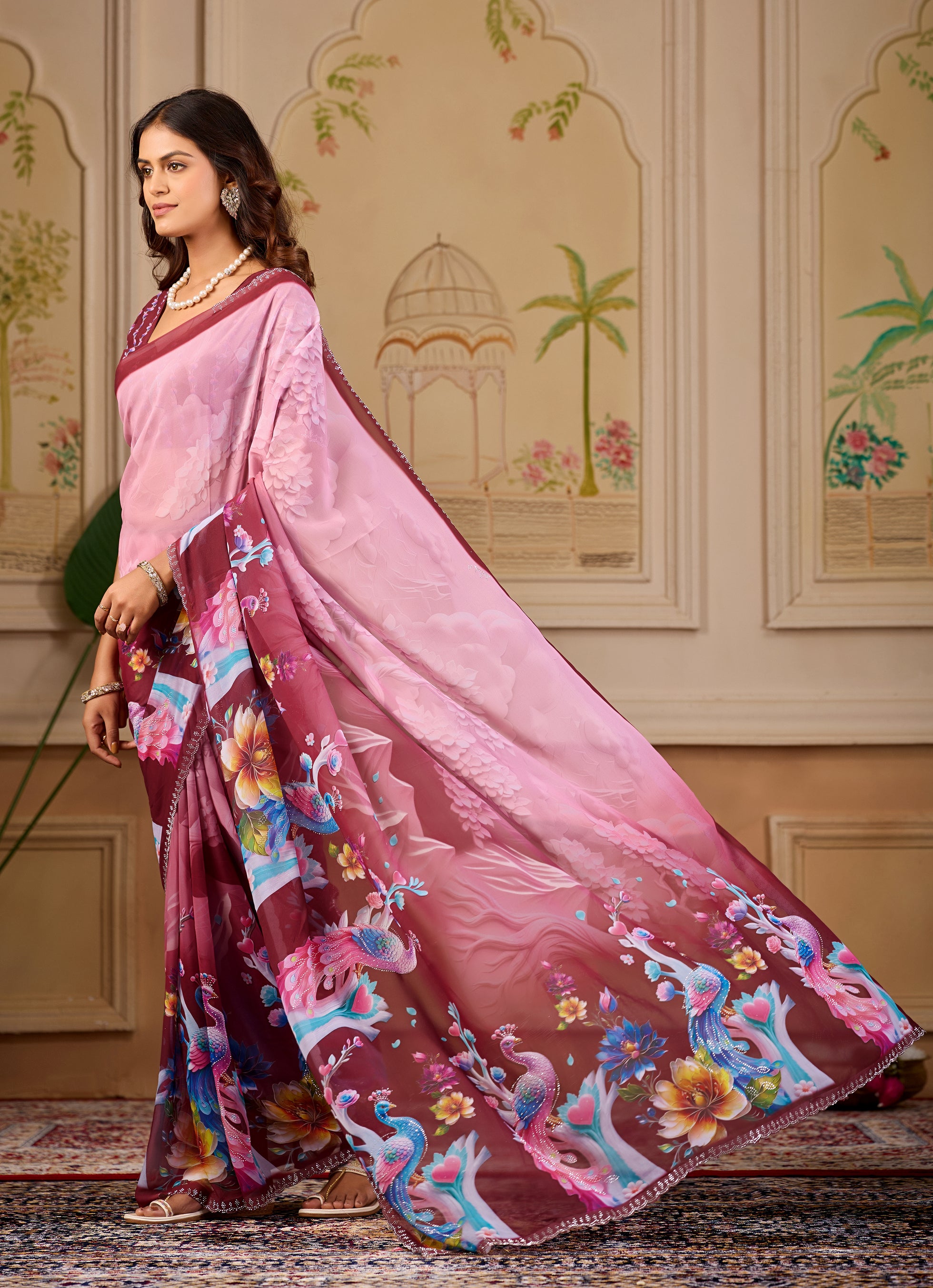 KHUSHI Georgette Digital Floral Printed Saree - Maroon