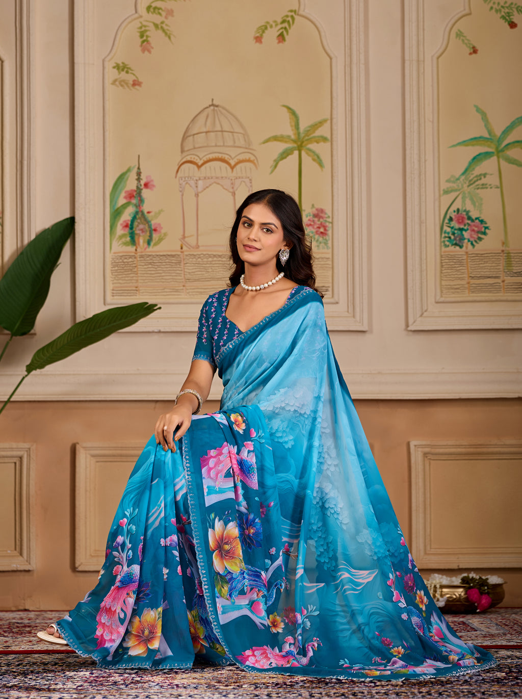 KHUSHI Georgette Digital Floral Printed Saree - Mor Peach