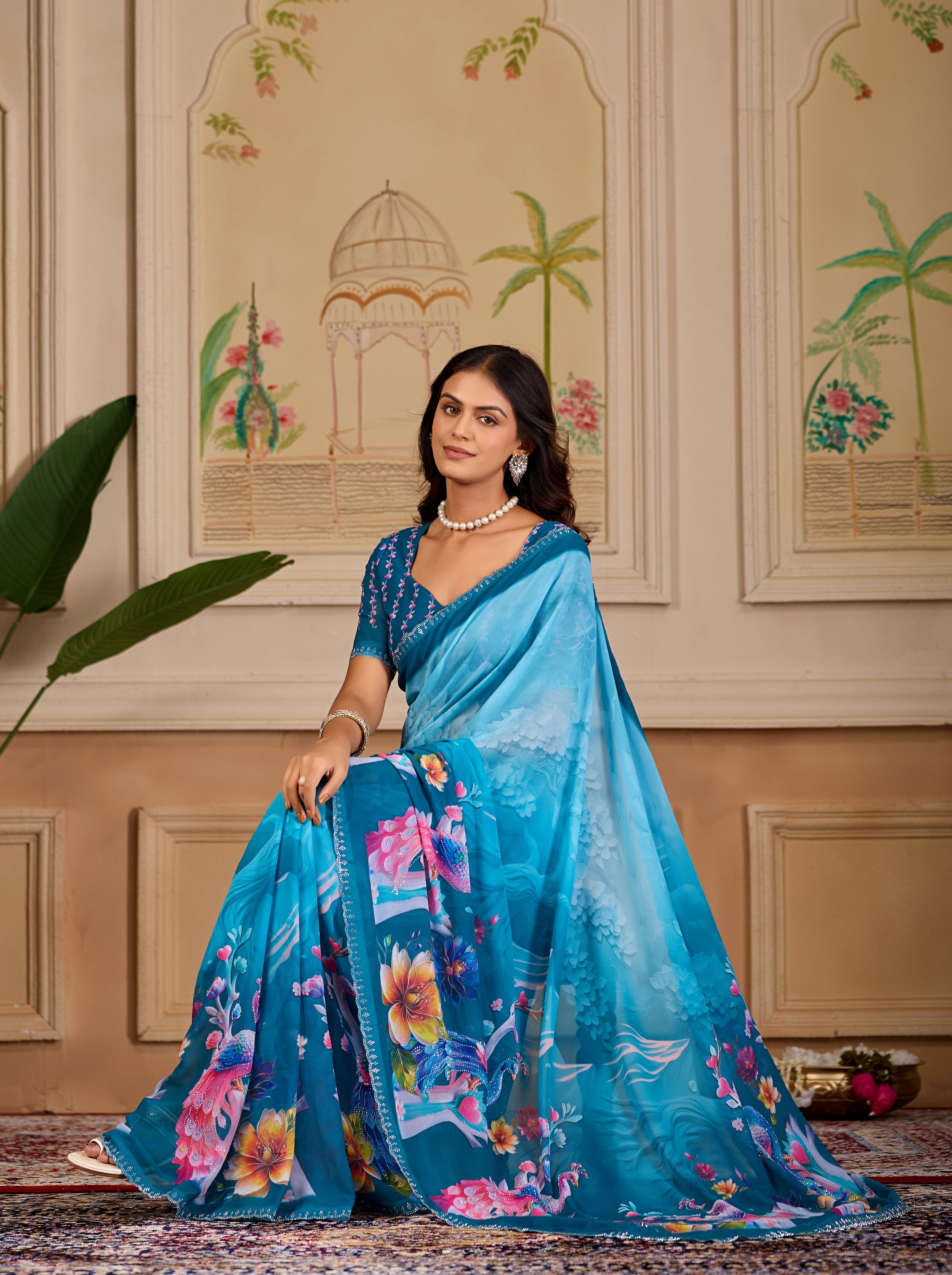KHUSHI Georgette Digital Floral Printed Saree - Mor Peach