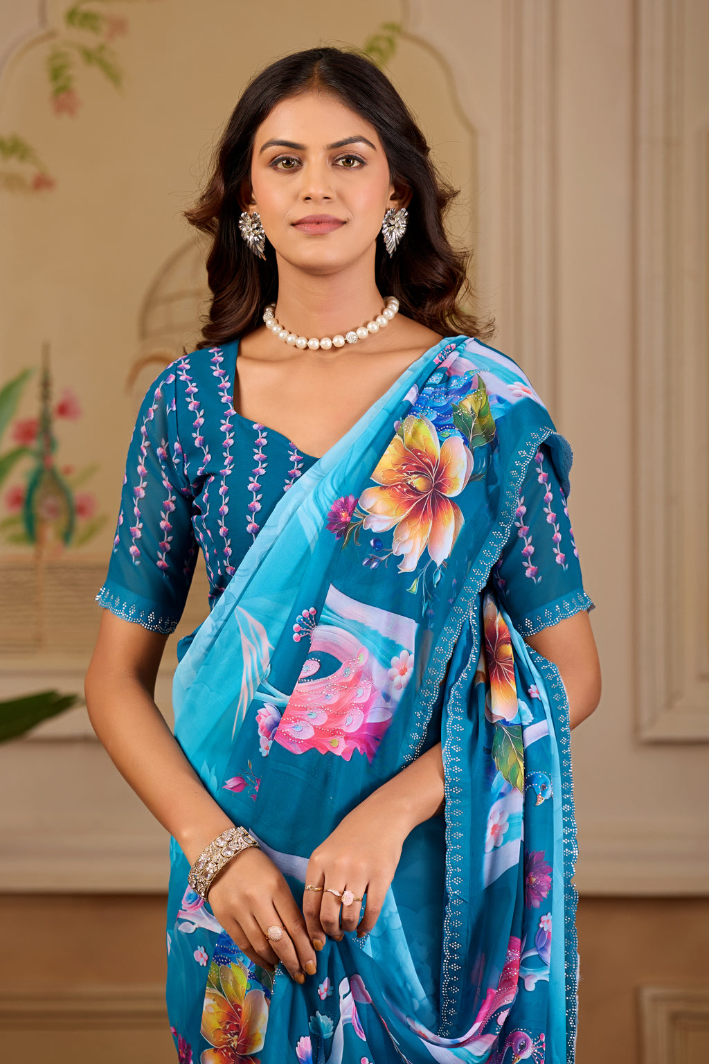 KHUSHI Georgette Digital Floral Printed Saree - Mor Peach