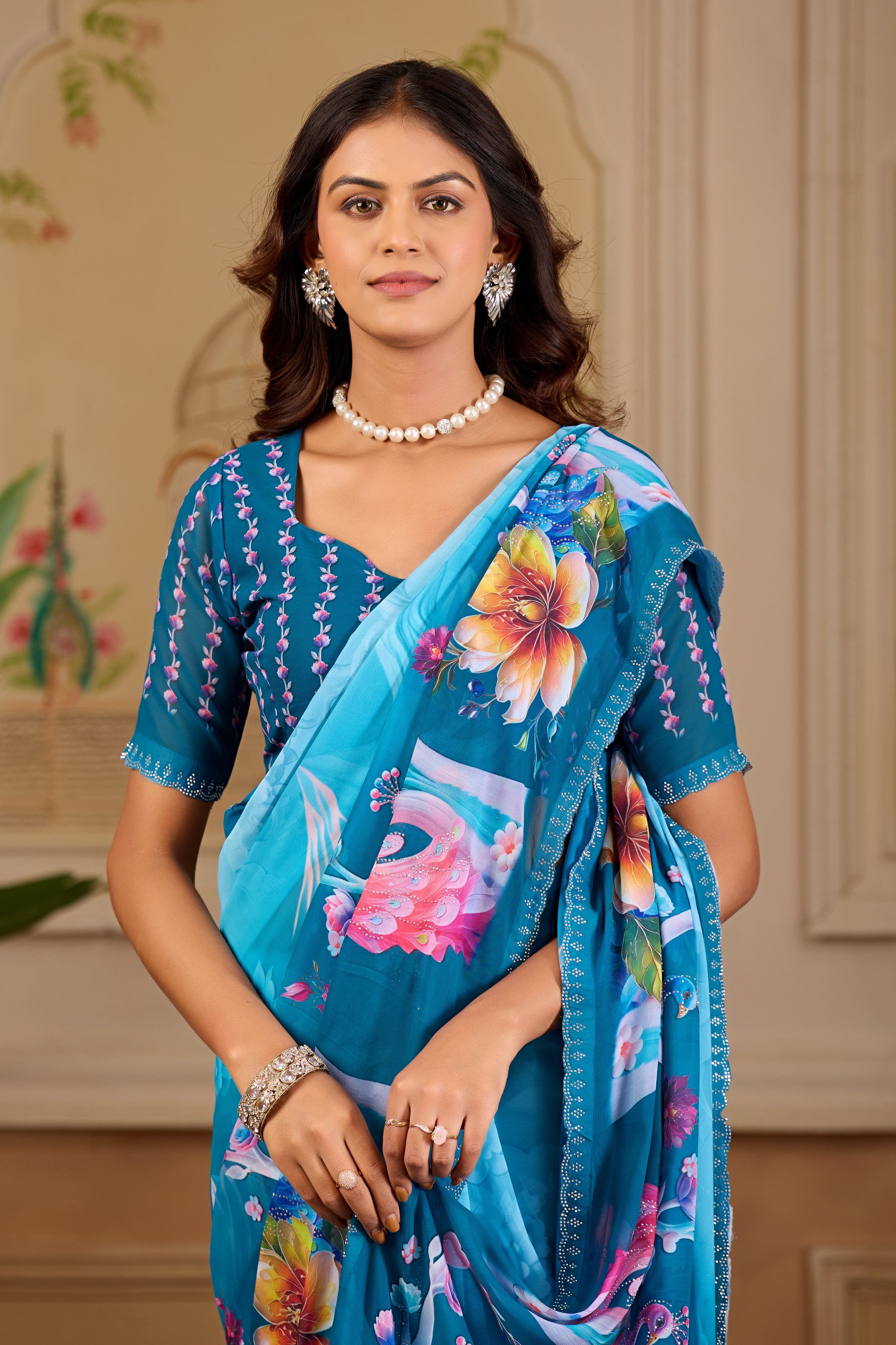 KHUSHI Georgette Digital Floral Printed Saree - Mor Peach
