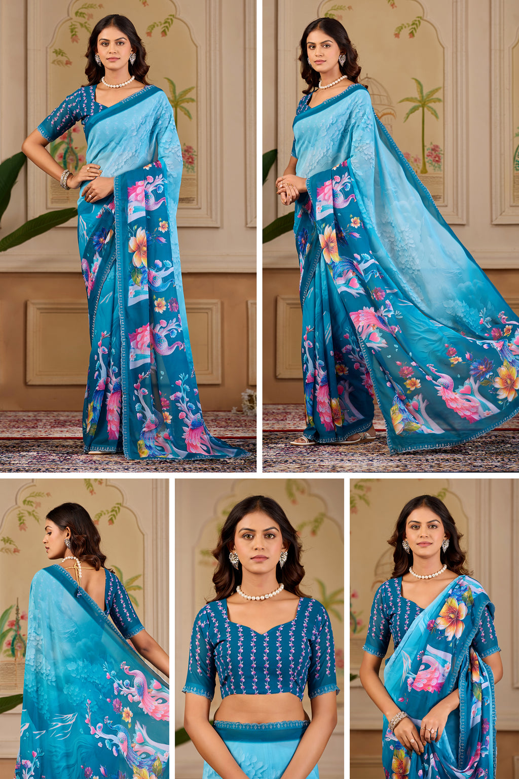 KHUSHI Georgette Digital Floral Printed Saree - Mor Peach