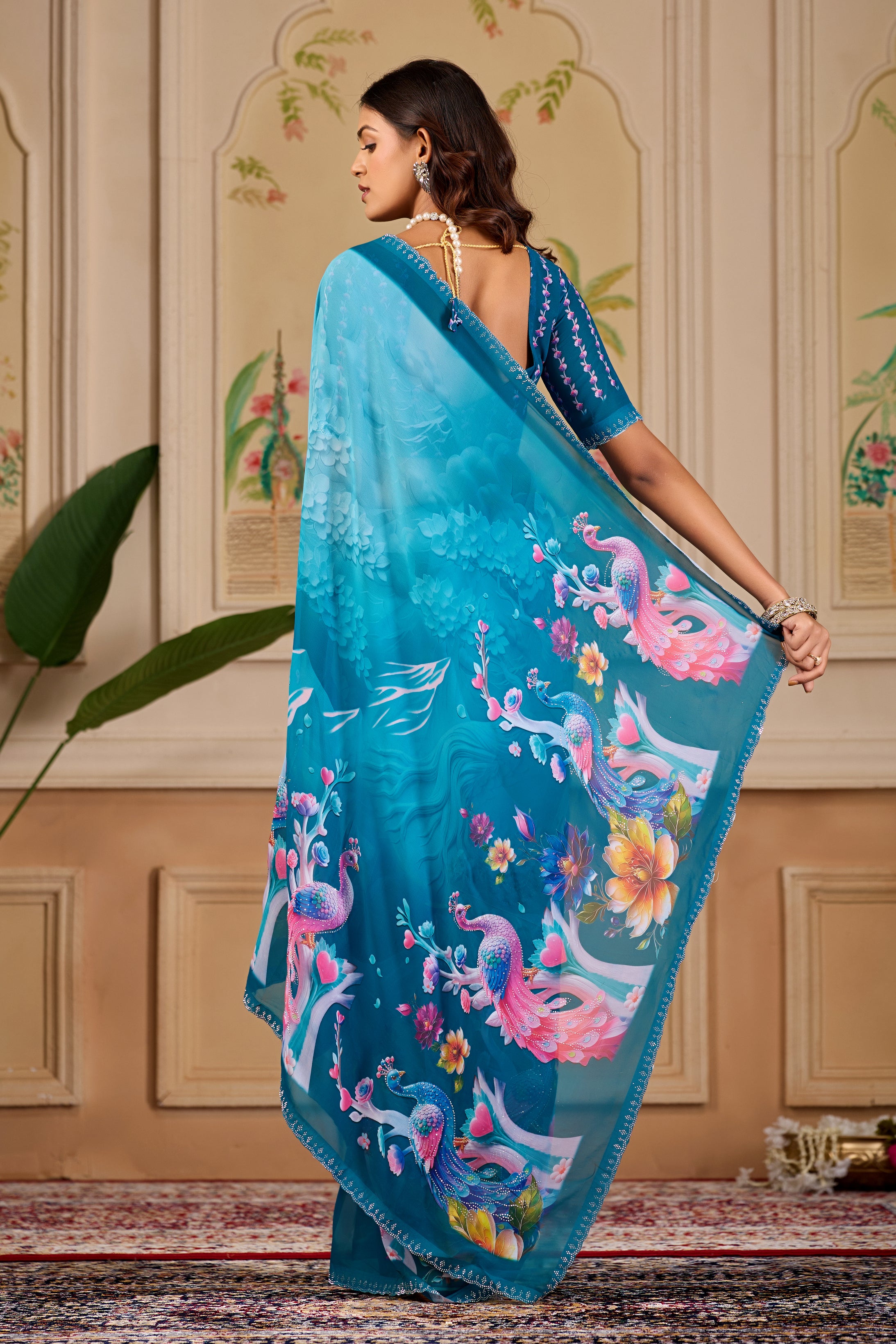 KHUSHI Georgette Digital Floral Printed Saree - Mor Peach
