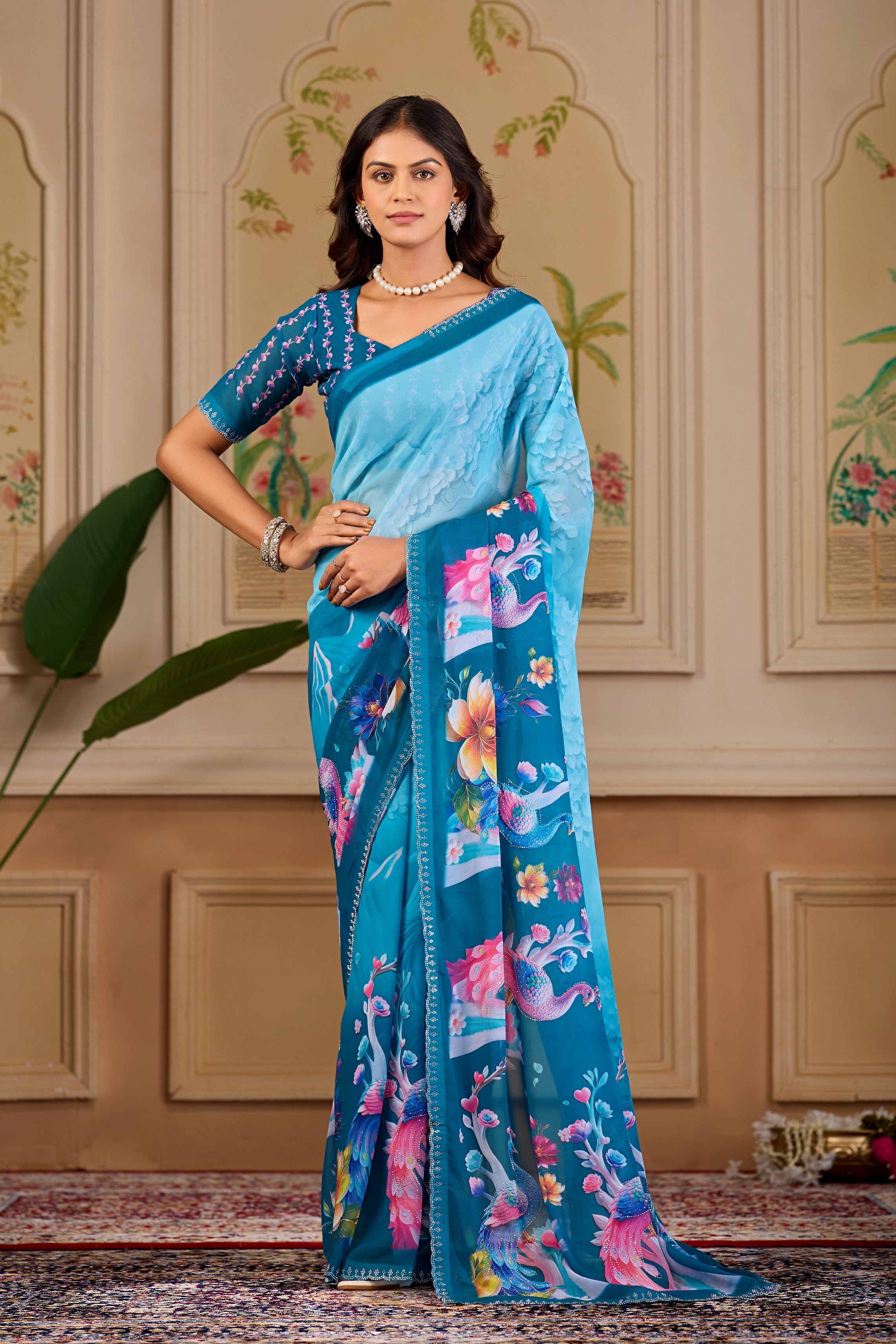 KHUSHI Georgette Digital Floral Printed Saree - Mor Peach