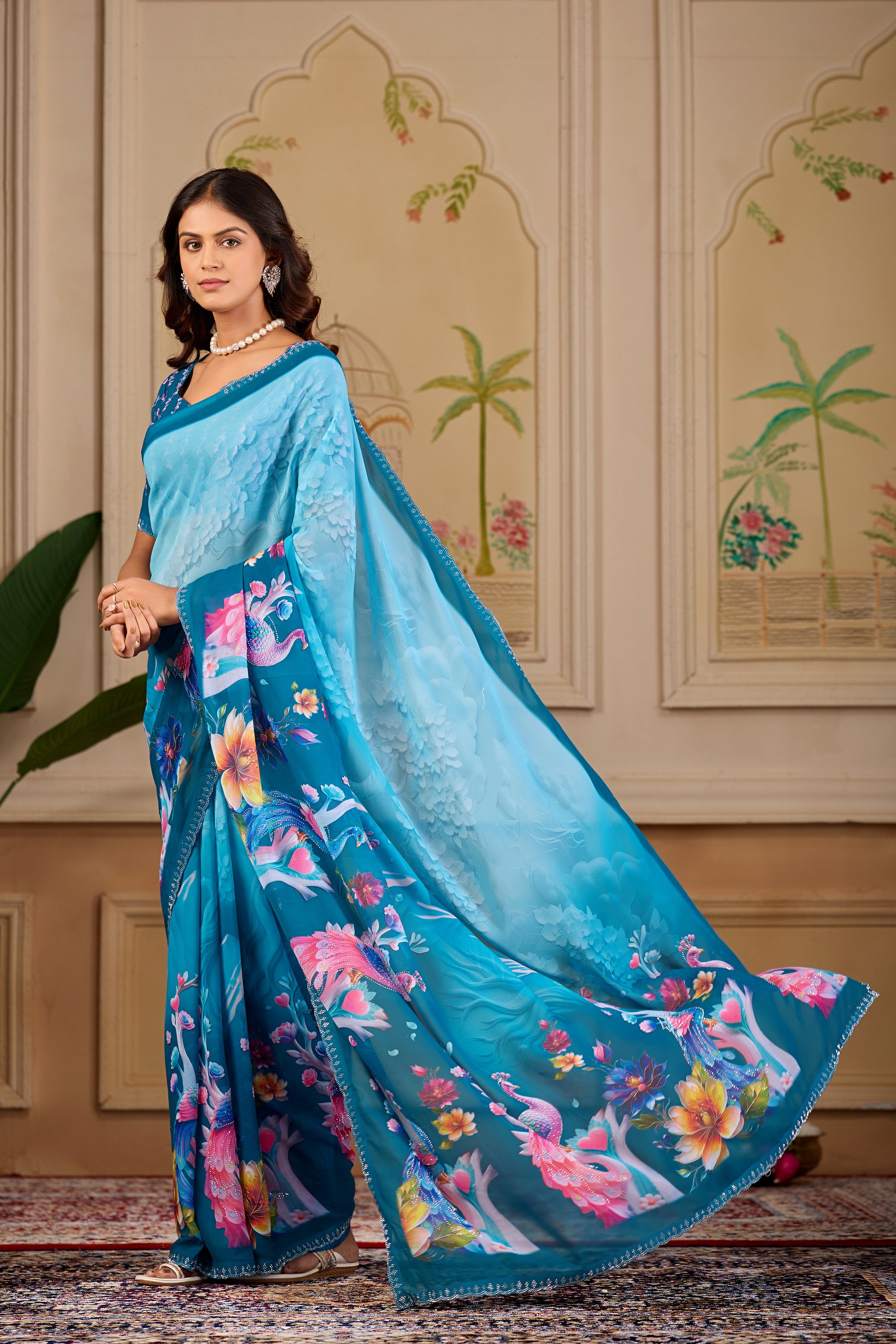 KHUSHI Georgette Digital Floral Printed Saree - Mor Peach