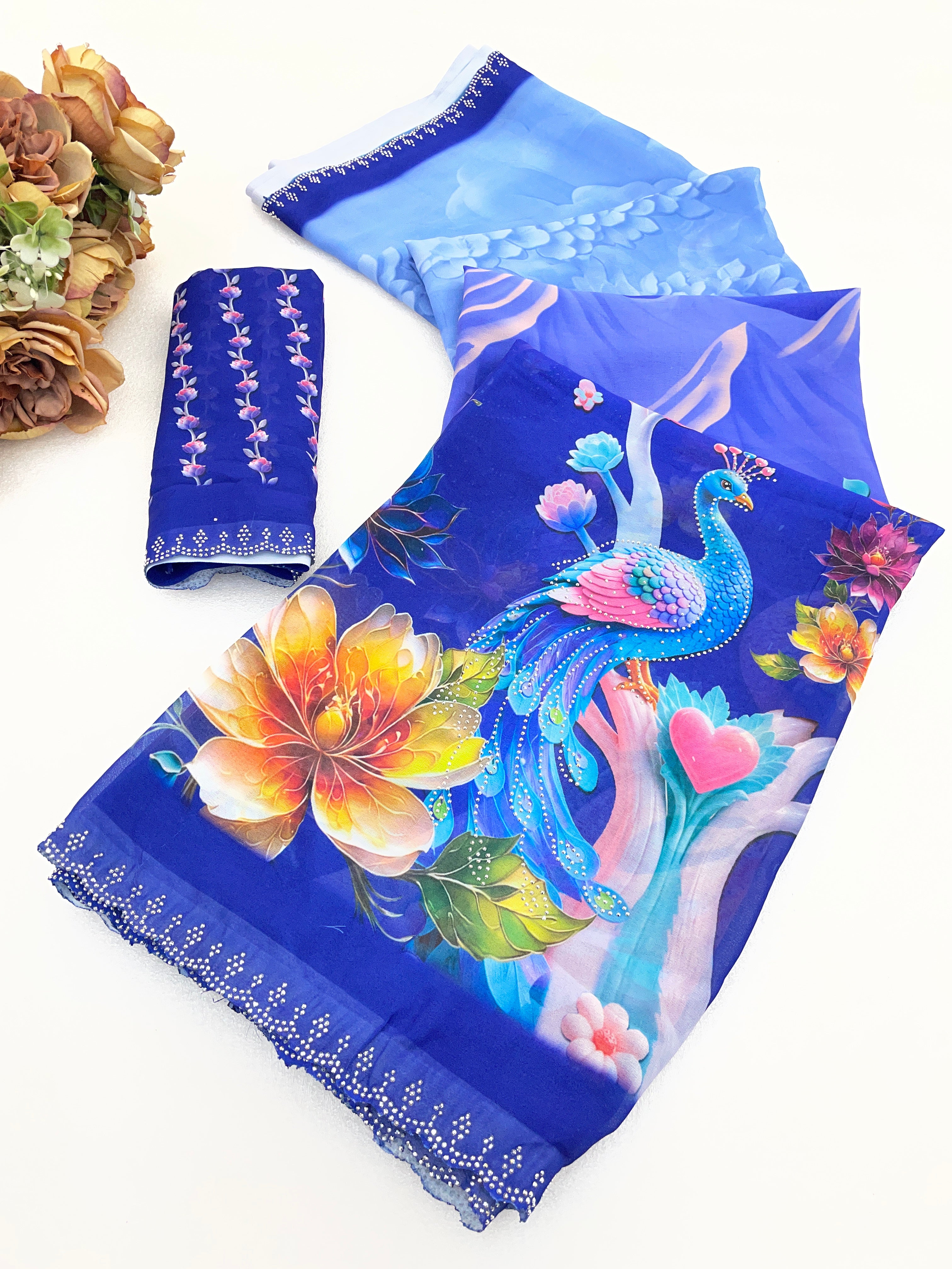 KHUSHI Georgette Digital Floral Printed Saree - Navy Blue