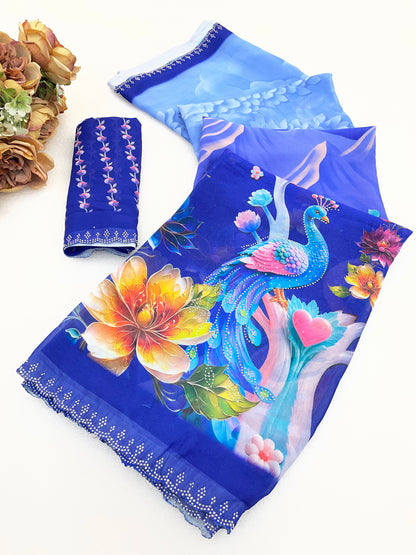 KHUSHI Georgette Digital Floral Printed Saree - Navy Blue