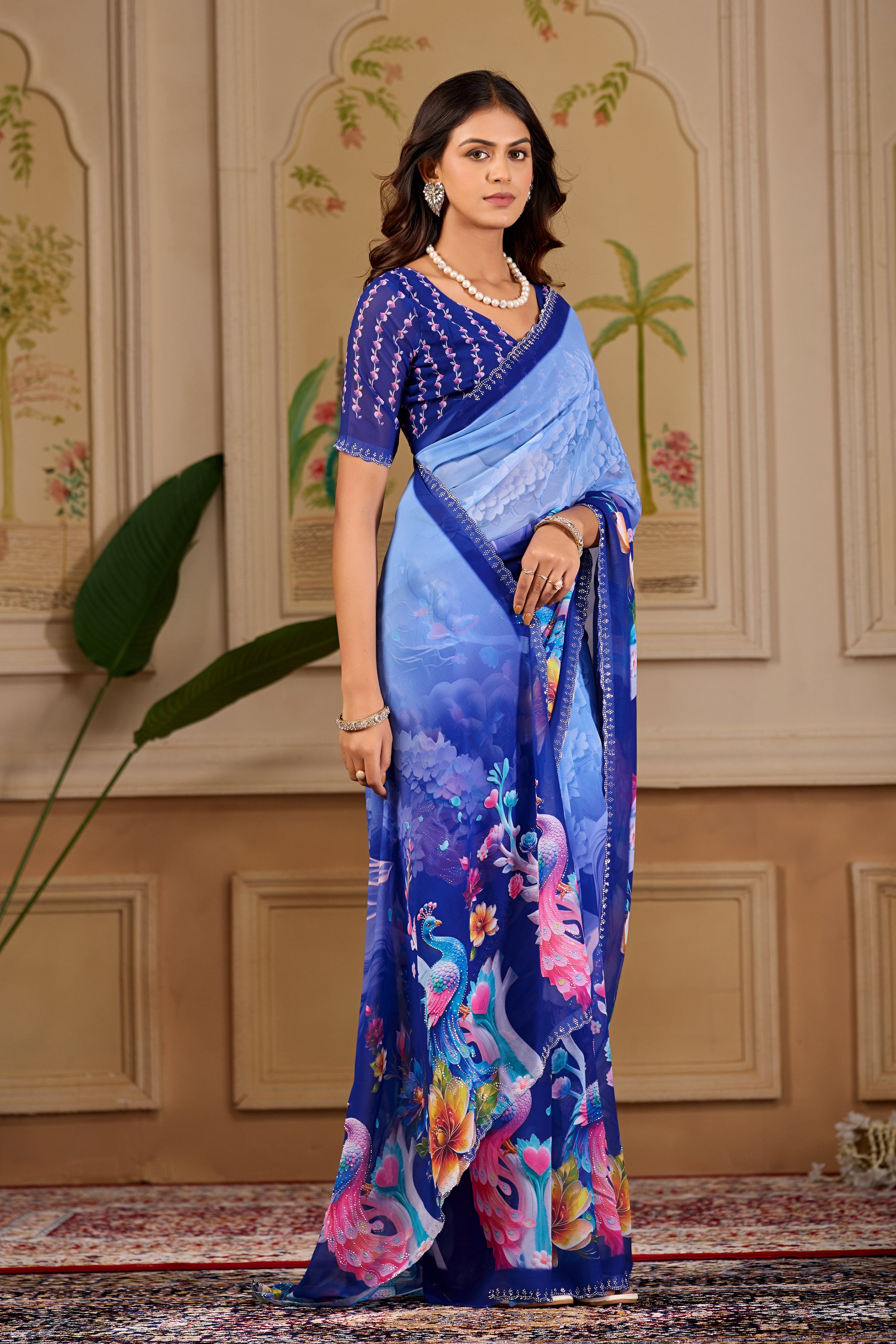 KHUSHI Georgette Digital Floral Printed Saree - Navy Blue