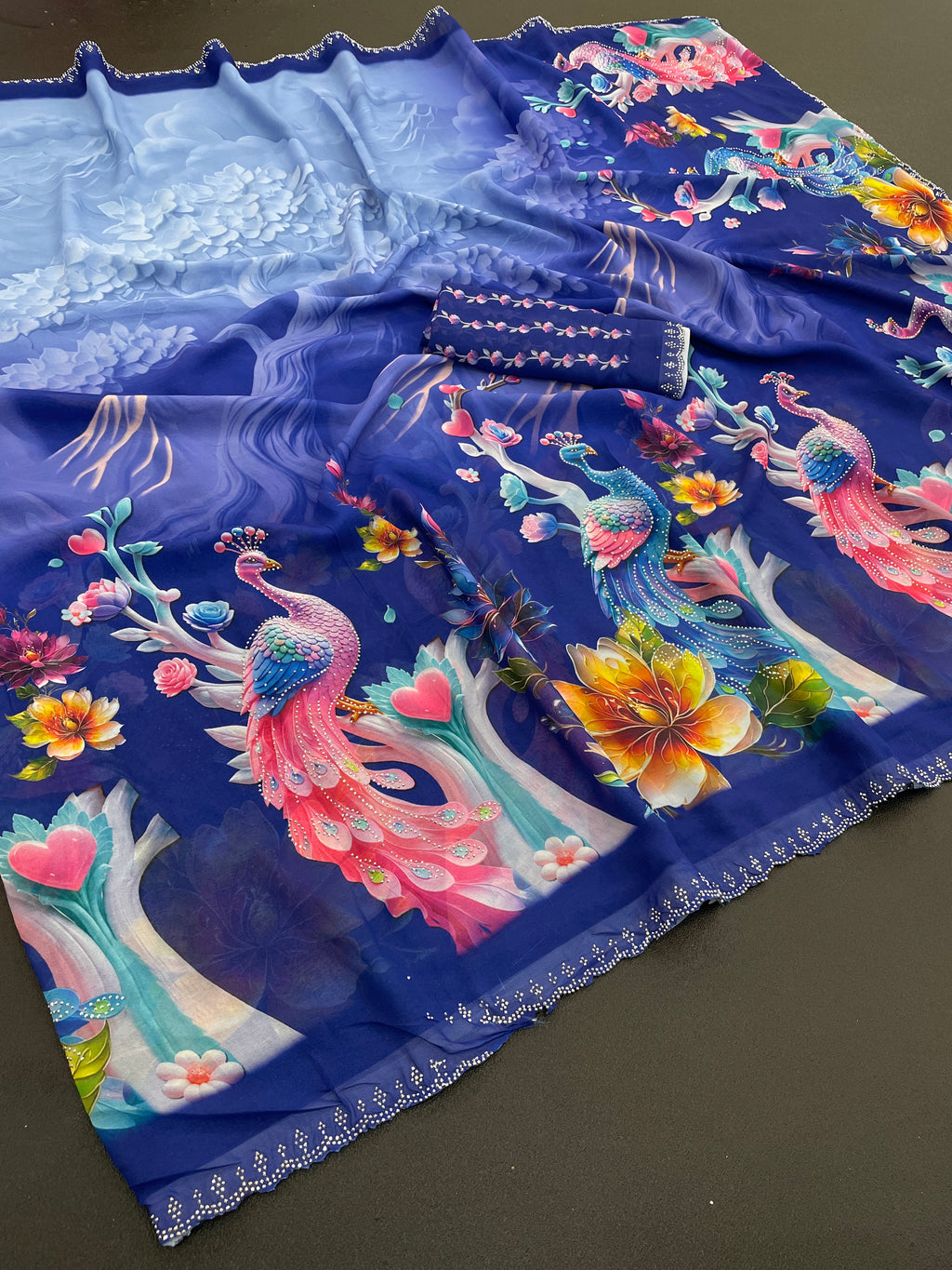 KHUSHI Georgette Digital Floral Printed Saree - Navy Blue