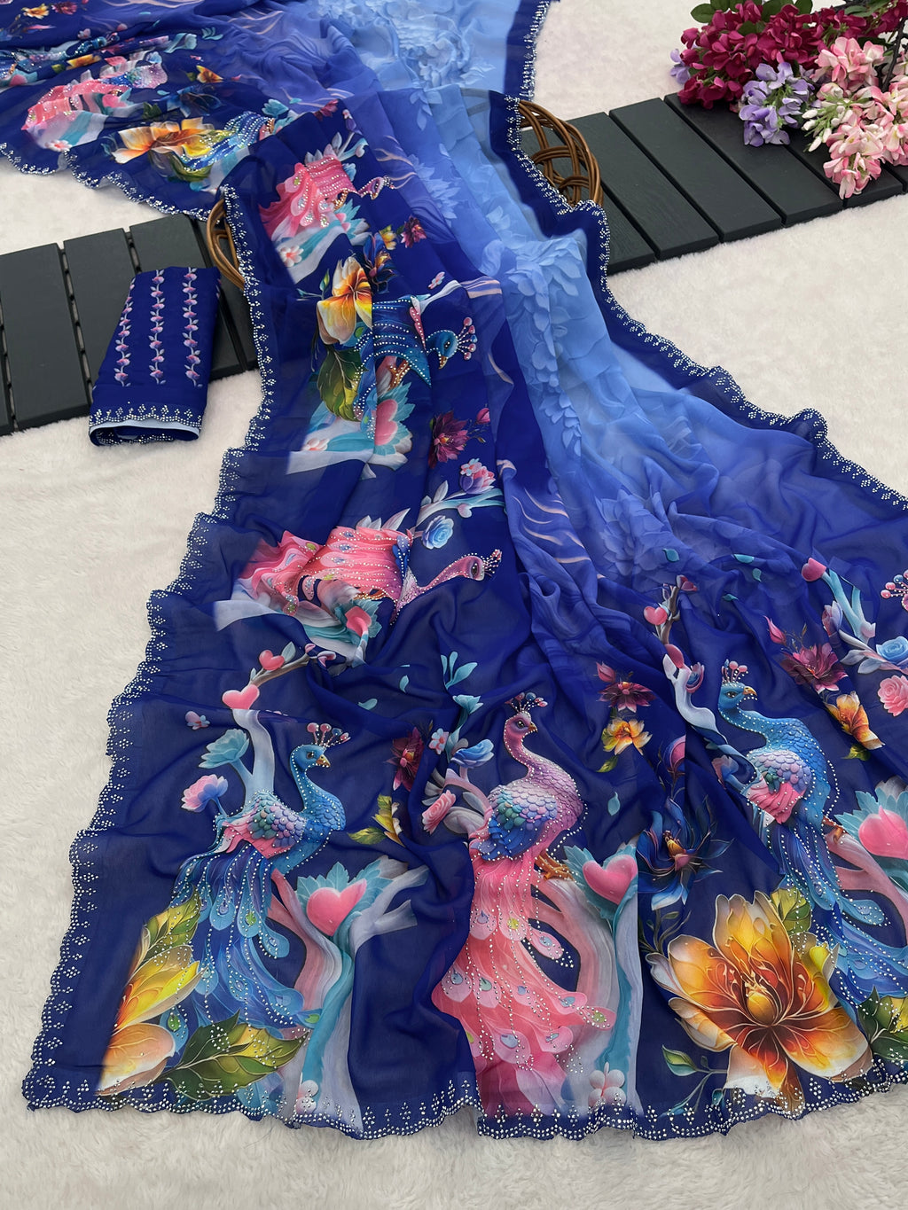 KHUSHI Georgette Digital Floral Printed Saree - Navy Blue