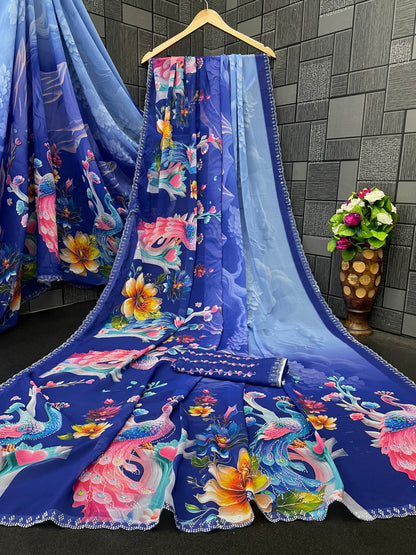 KHUSHI Georgette Digital Floral Printed Saree - Navy Blue