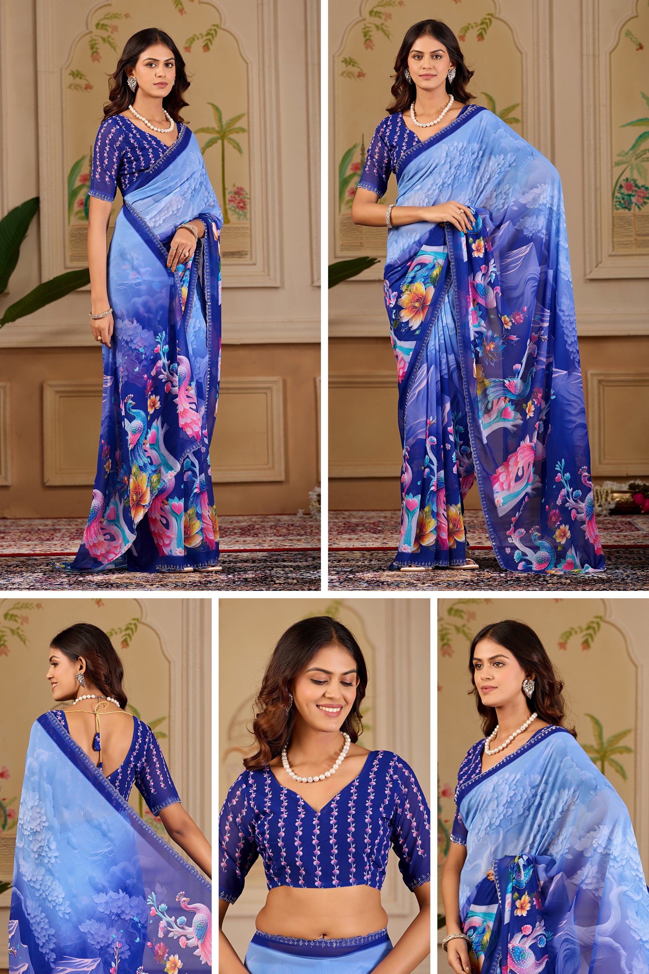 KHUSHI Georgette Digital Floral Printed Saree - Navy Blue