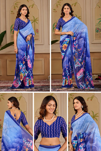 KHUSHI Georgette Digital Floral Printed Saree - Navy Blue