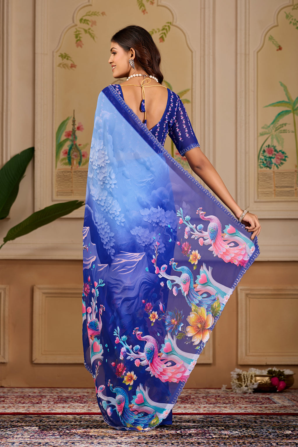 KHUSHI Georgette Digital Floral Printed Saree - Navy Blue
