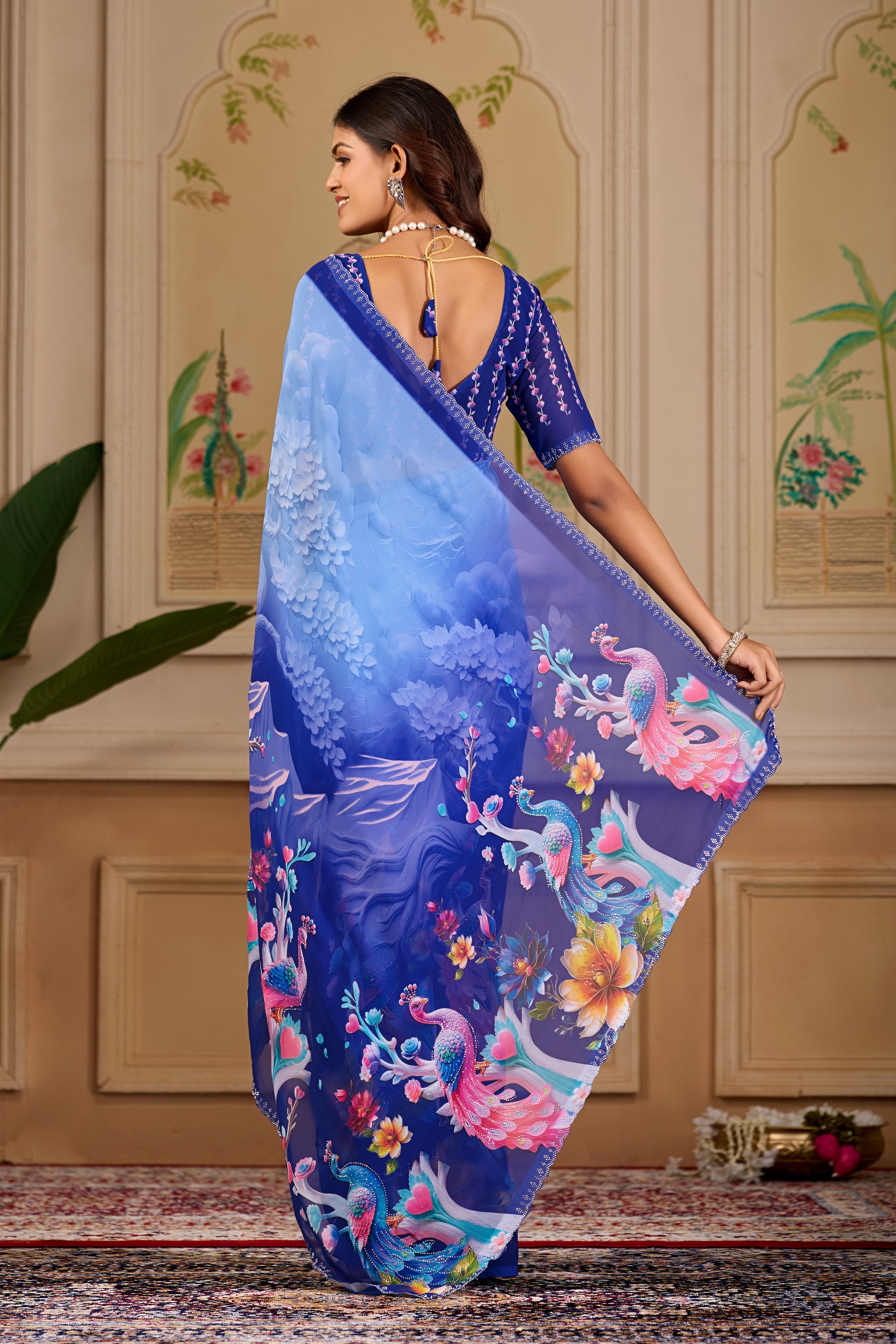 KHUSHI Georgette Digital Floral Printed Saree - Navy Blue