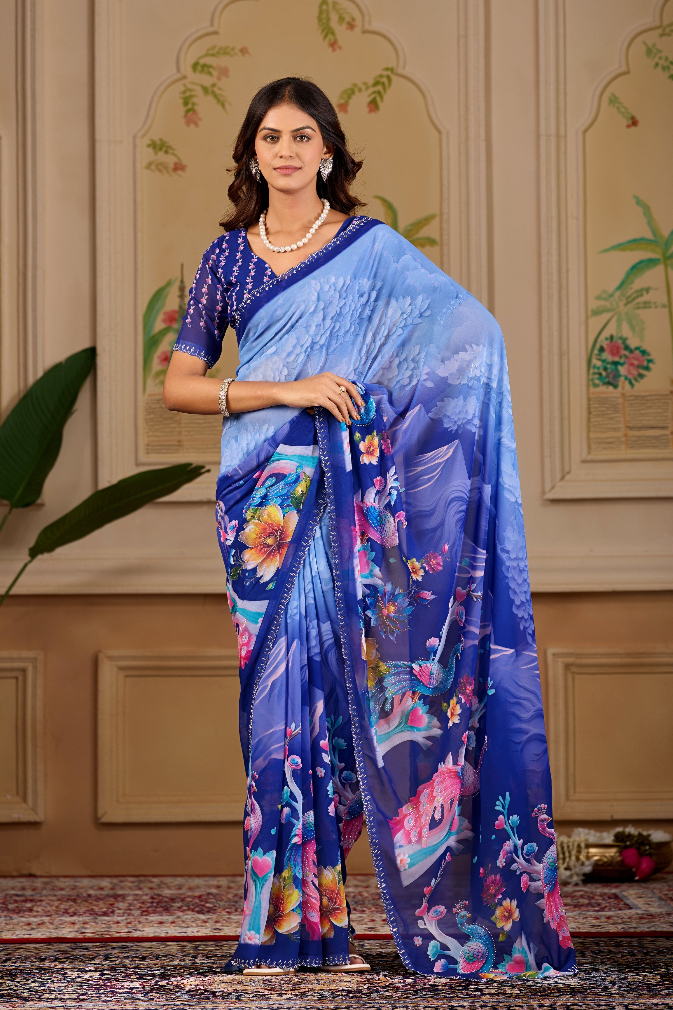 KHUSHI Georgette Digital Floral Printed Saree - Navy Blue