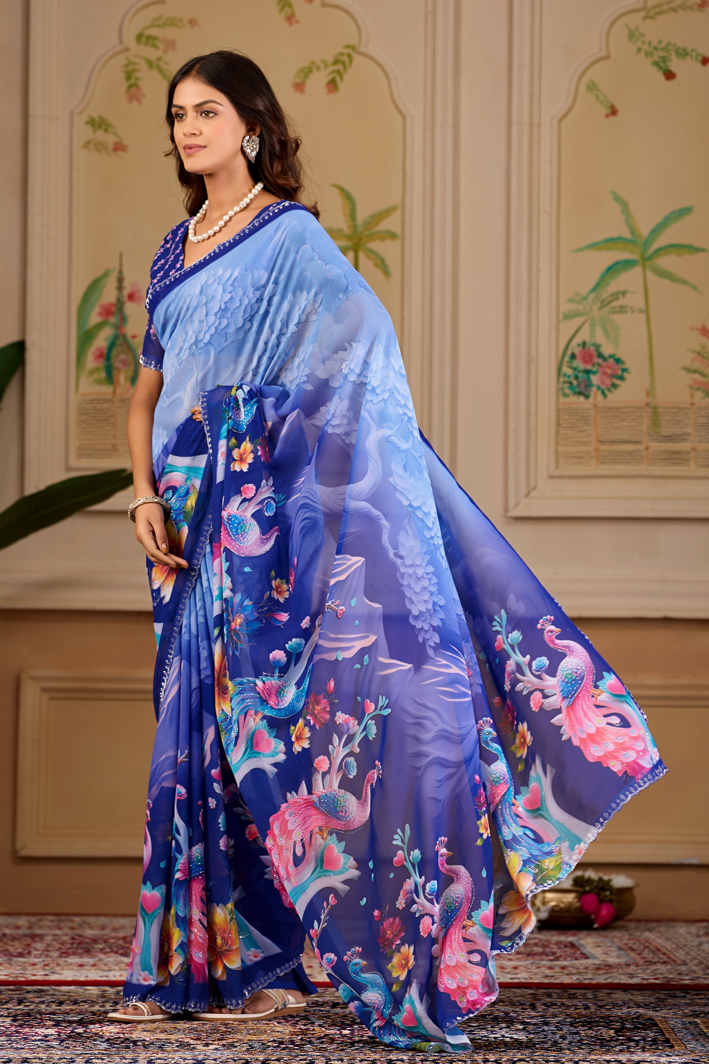 KHUSHI Georgette Digital Floral Printed Saree - Navy Blue