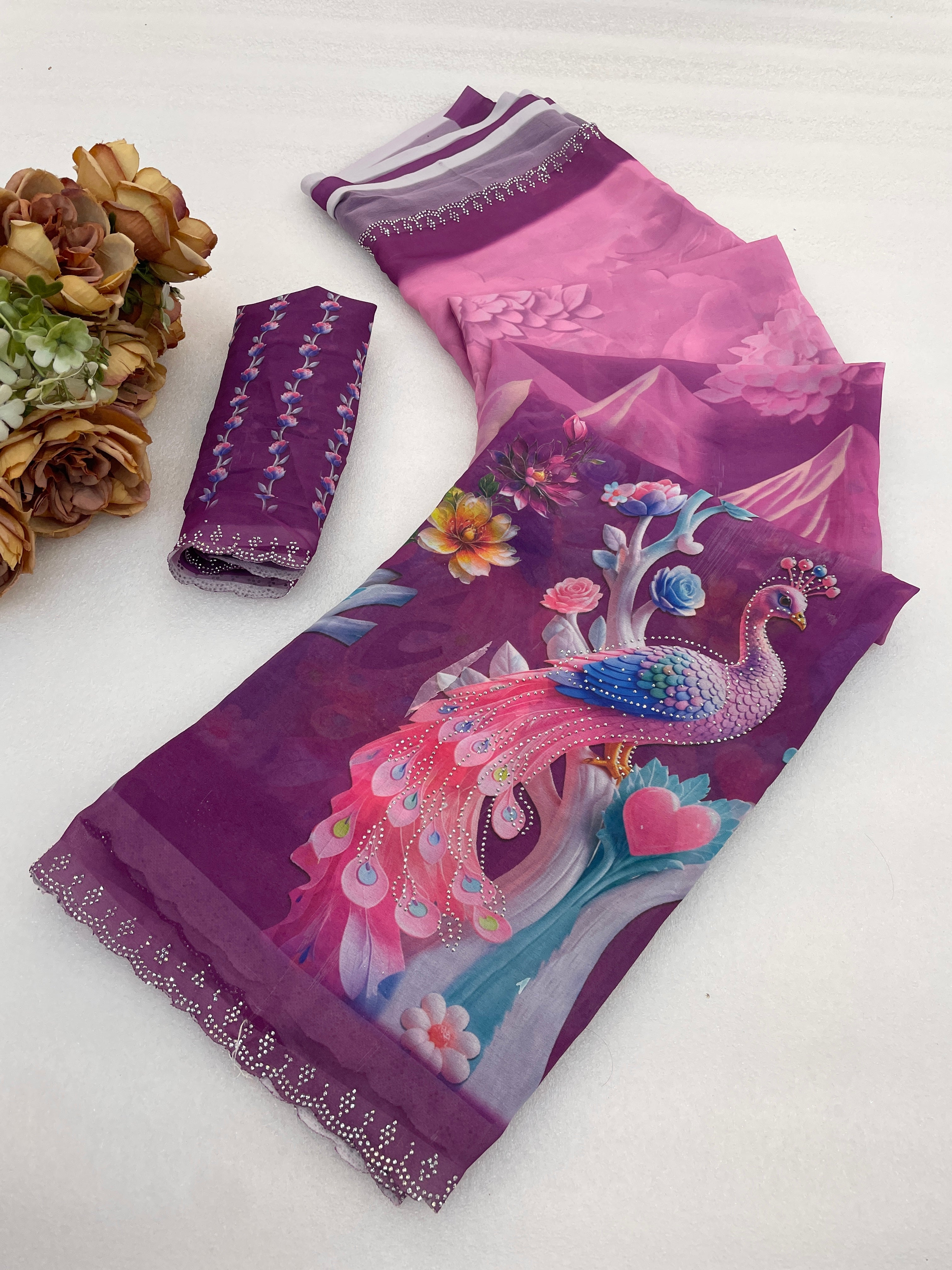 KHUSHI Georgette Digital Floral Printed Saree - Wine