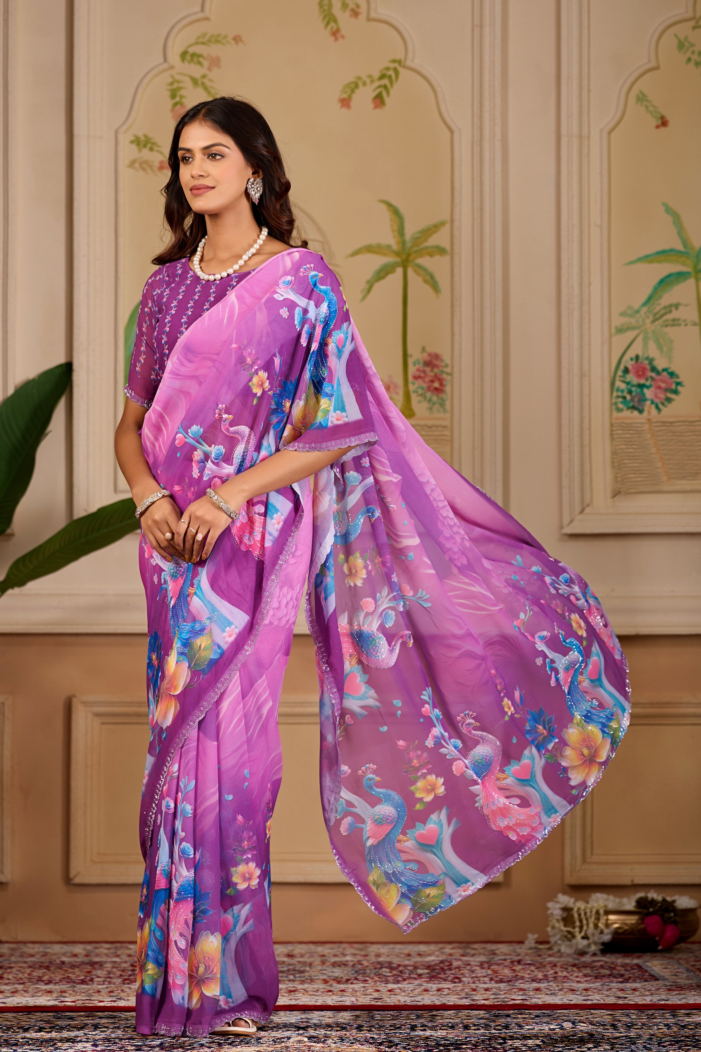 KHUSHI Georgette Digital Floral Printed Saree - Wine