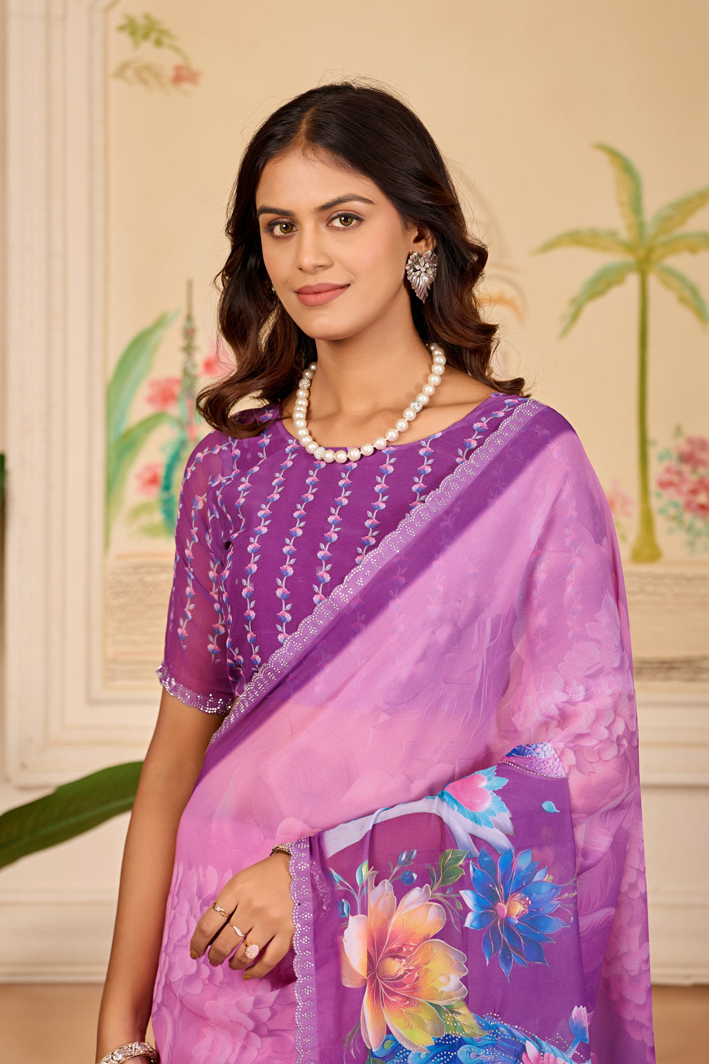 KHUSHI Georgette Digital Floral Printed Saree - Wine