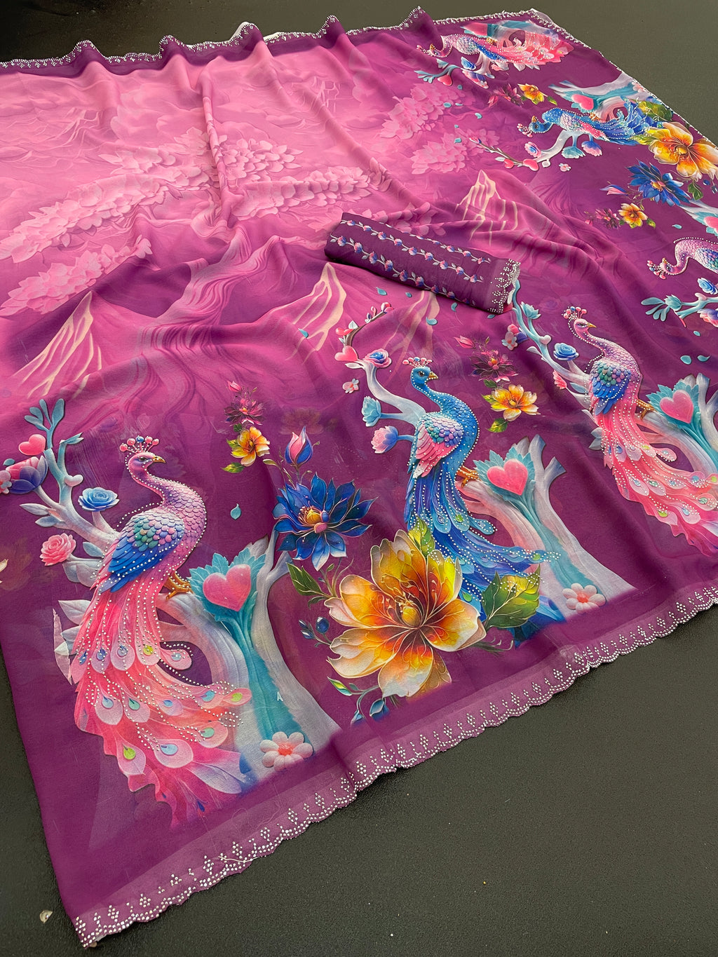 KHUSHI Georgette Digital Floral Printed Saree - Wine