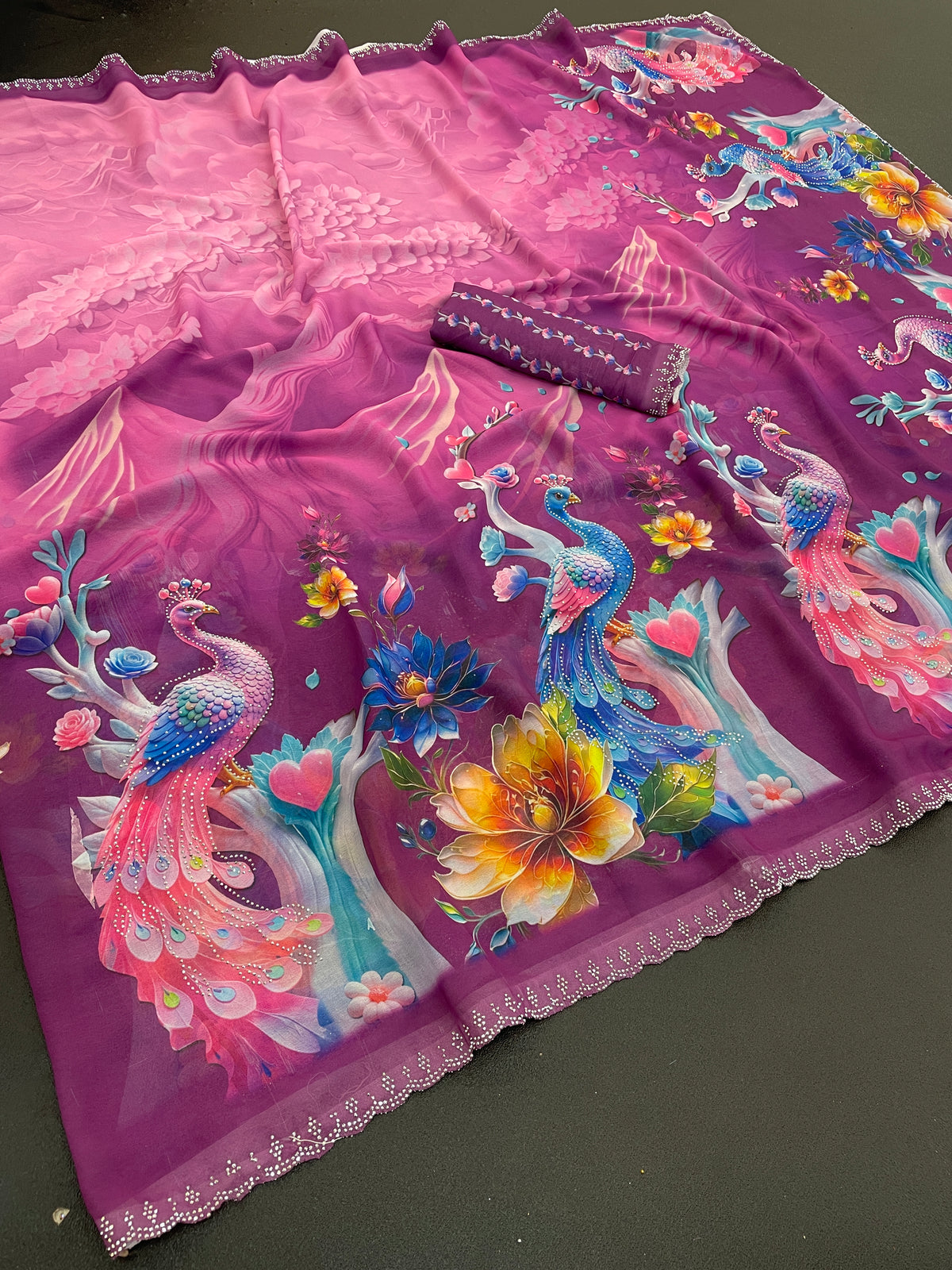KHUSHI Georgette Digital Floral Printed Saree - Wine