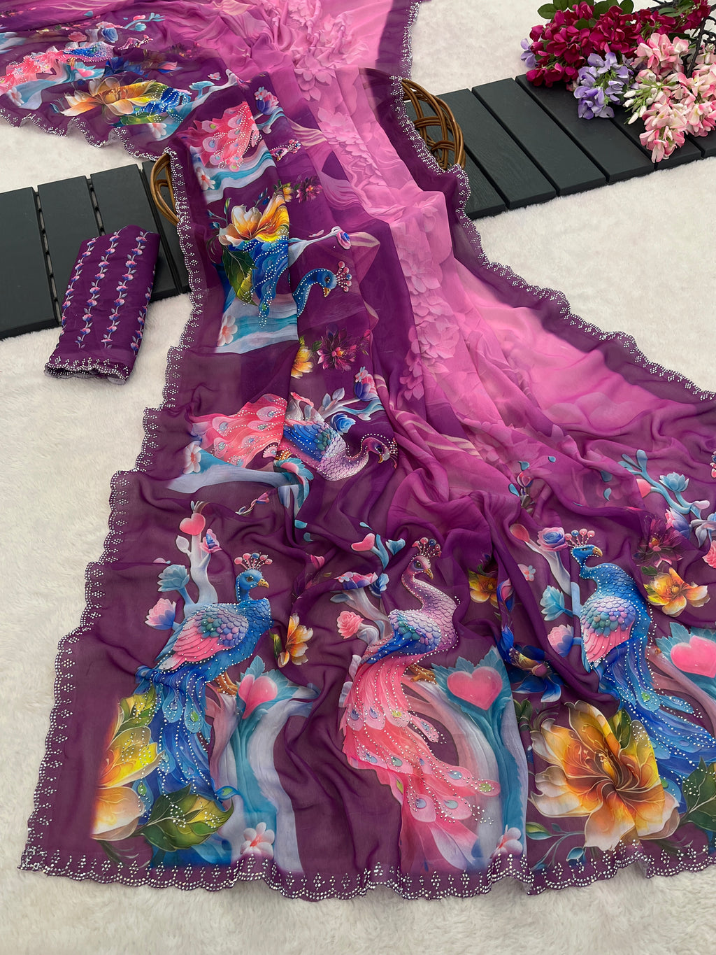 KHUSHI Georgette Digital Floral Printed Saree - Wine
