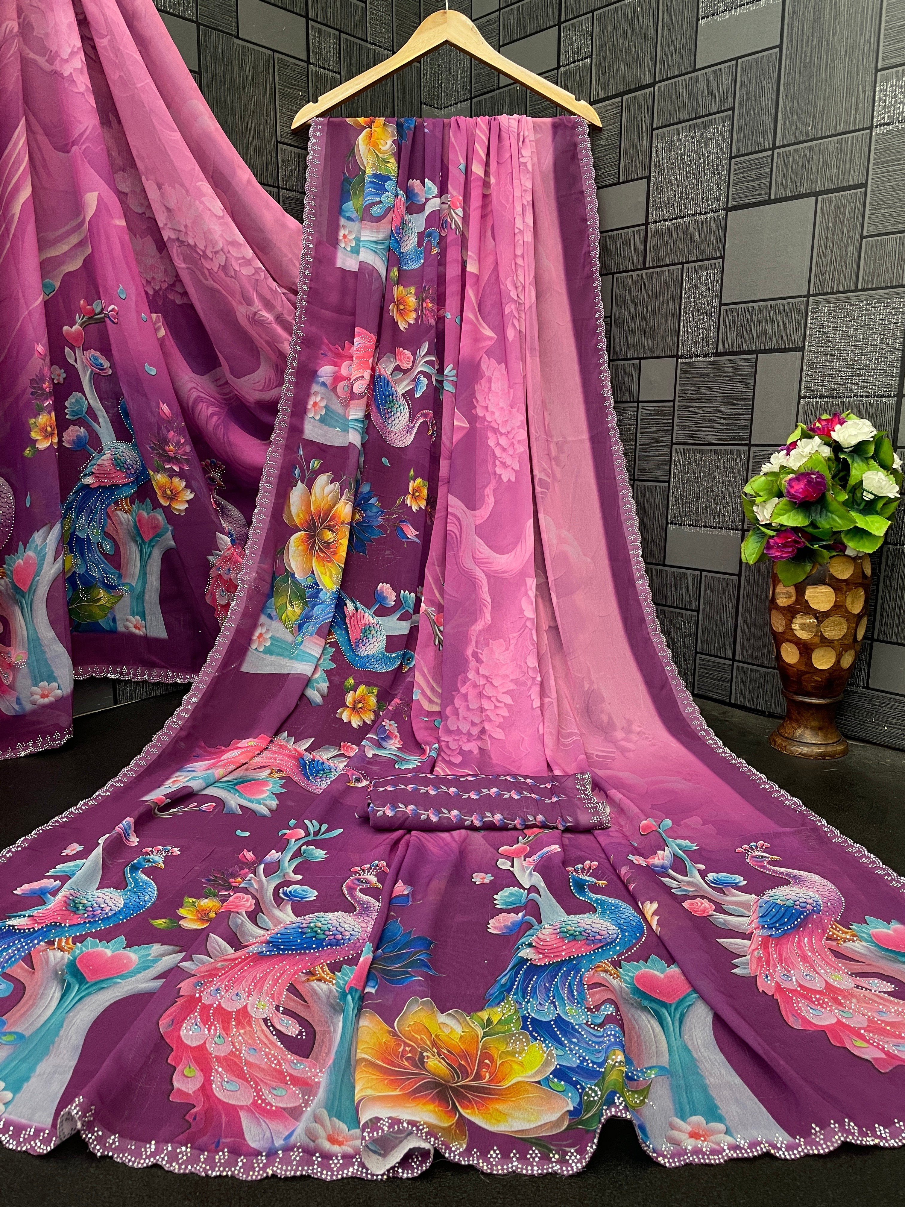 KHUSHI Georgette Digital Floral Printed Saree - Wine