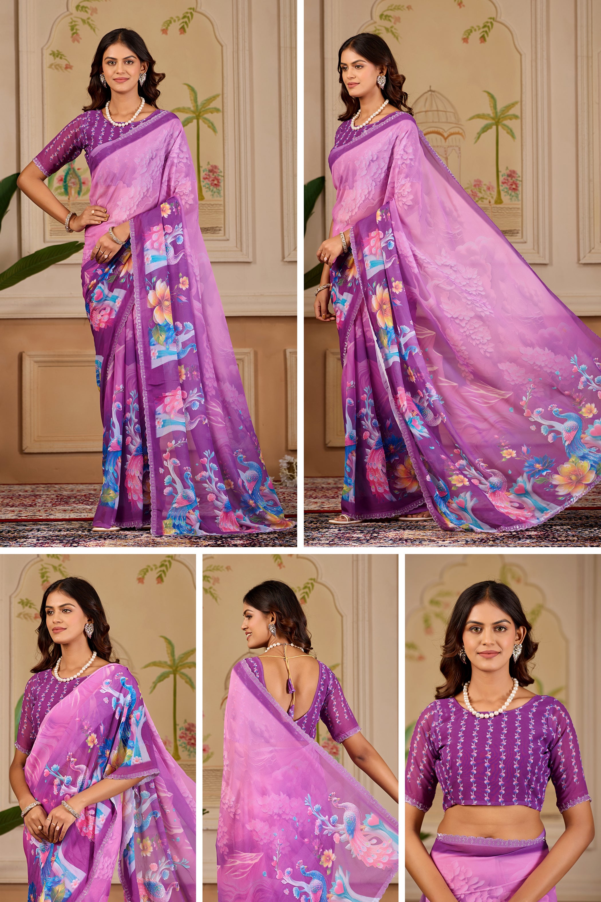 KHUSHI Georgette Digital Floral Printed Saree - Wine