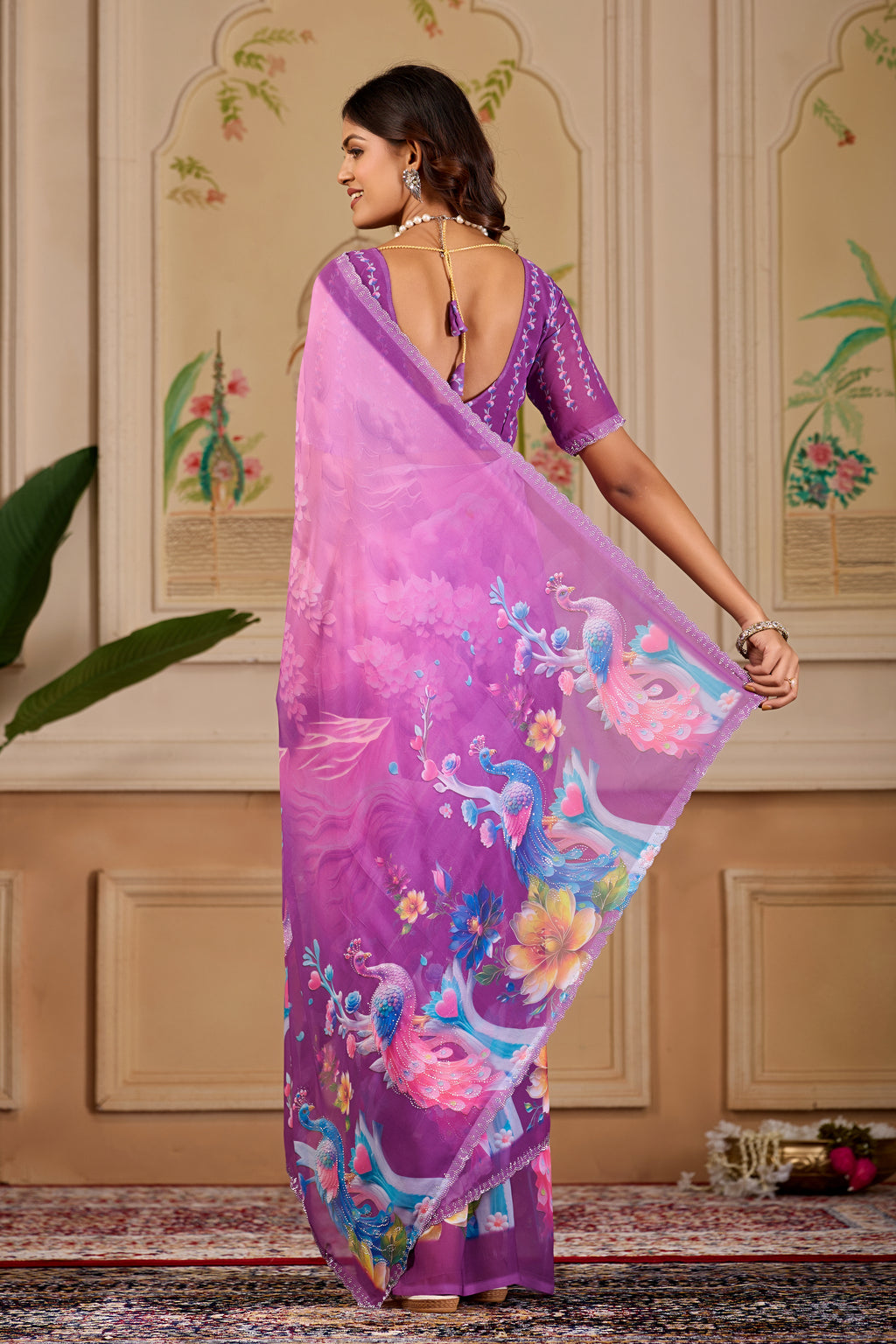 KHUSHI Georgette Digital Floral Printed Saree - Wine