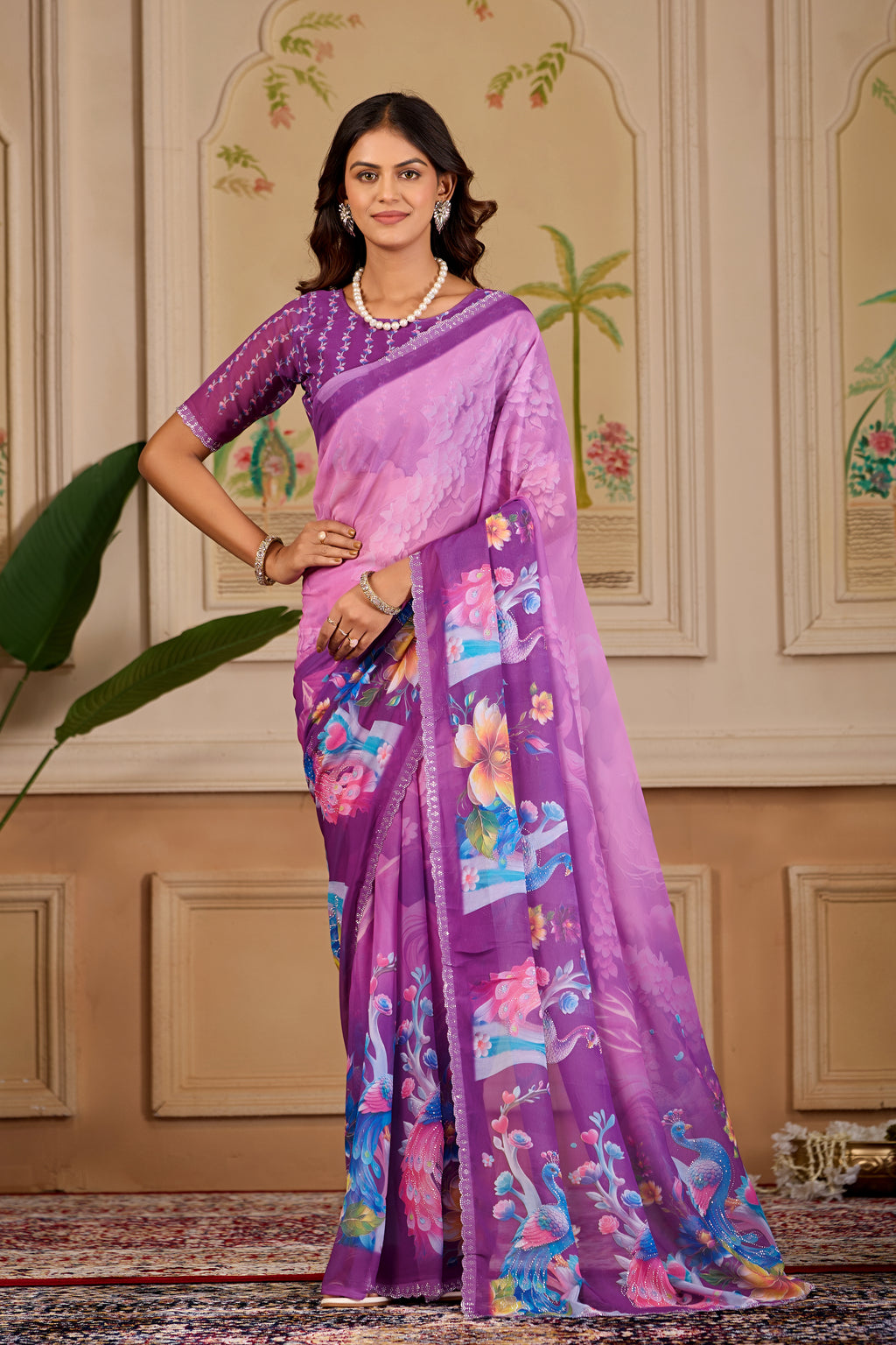 KHUSHI Georgette Digital Floral Printed Saree - Wine