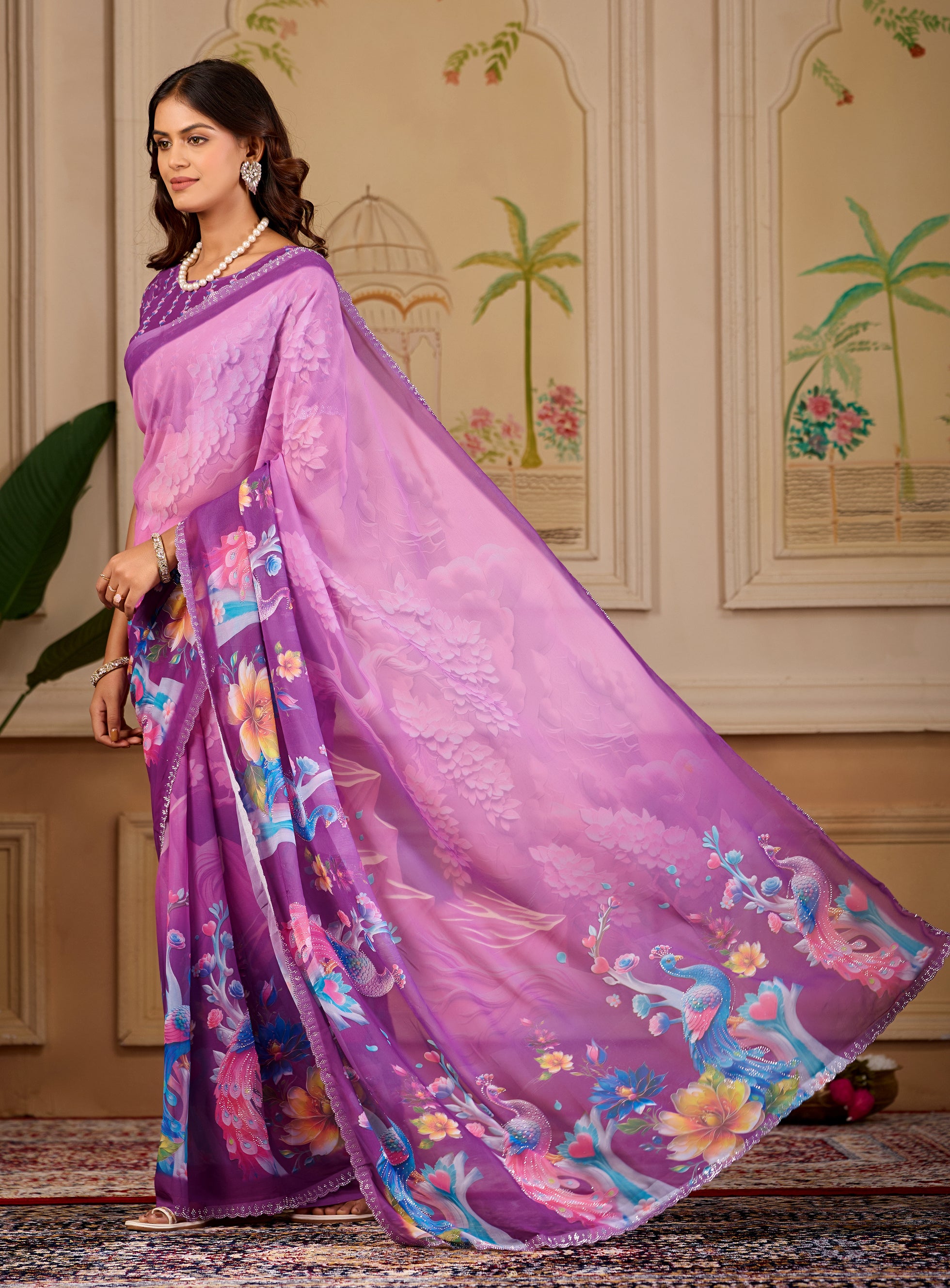 KHUSHI Georgette Digital Floral Printed Saree - Wine