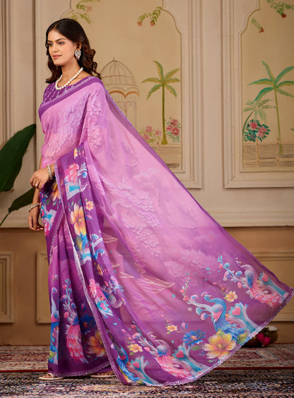 KHUSHI Georgette Digital Floral Printed Saree - Wine